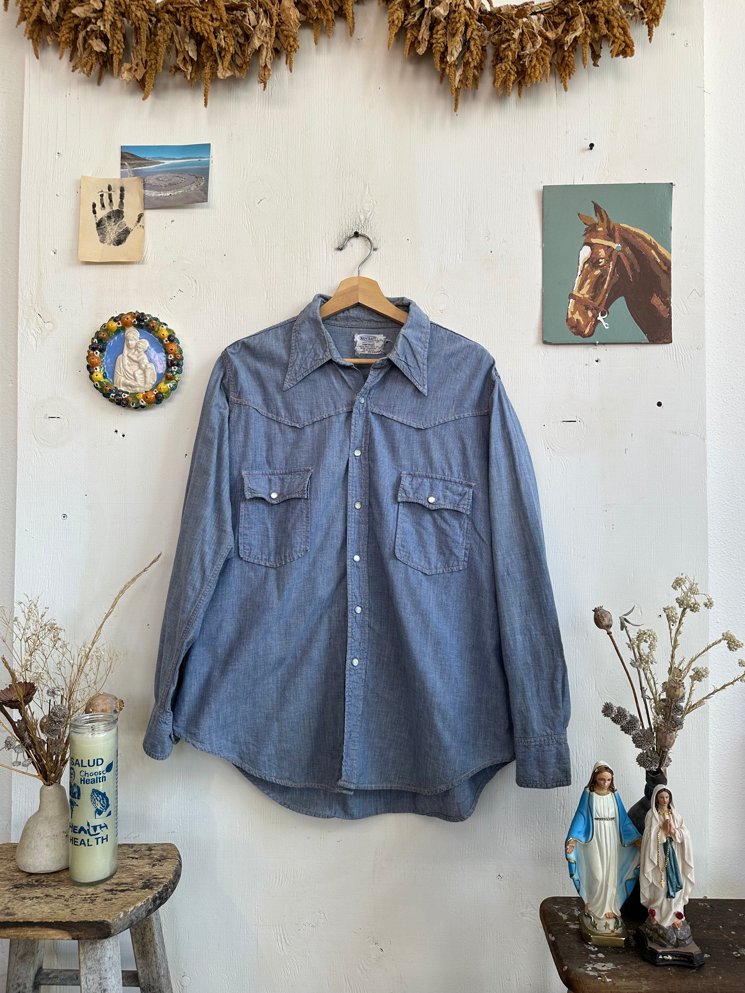 1970s Hand Drawn “Pipe wrench” chambre Western Shirt (Boxy L)