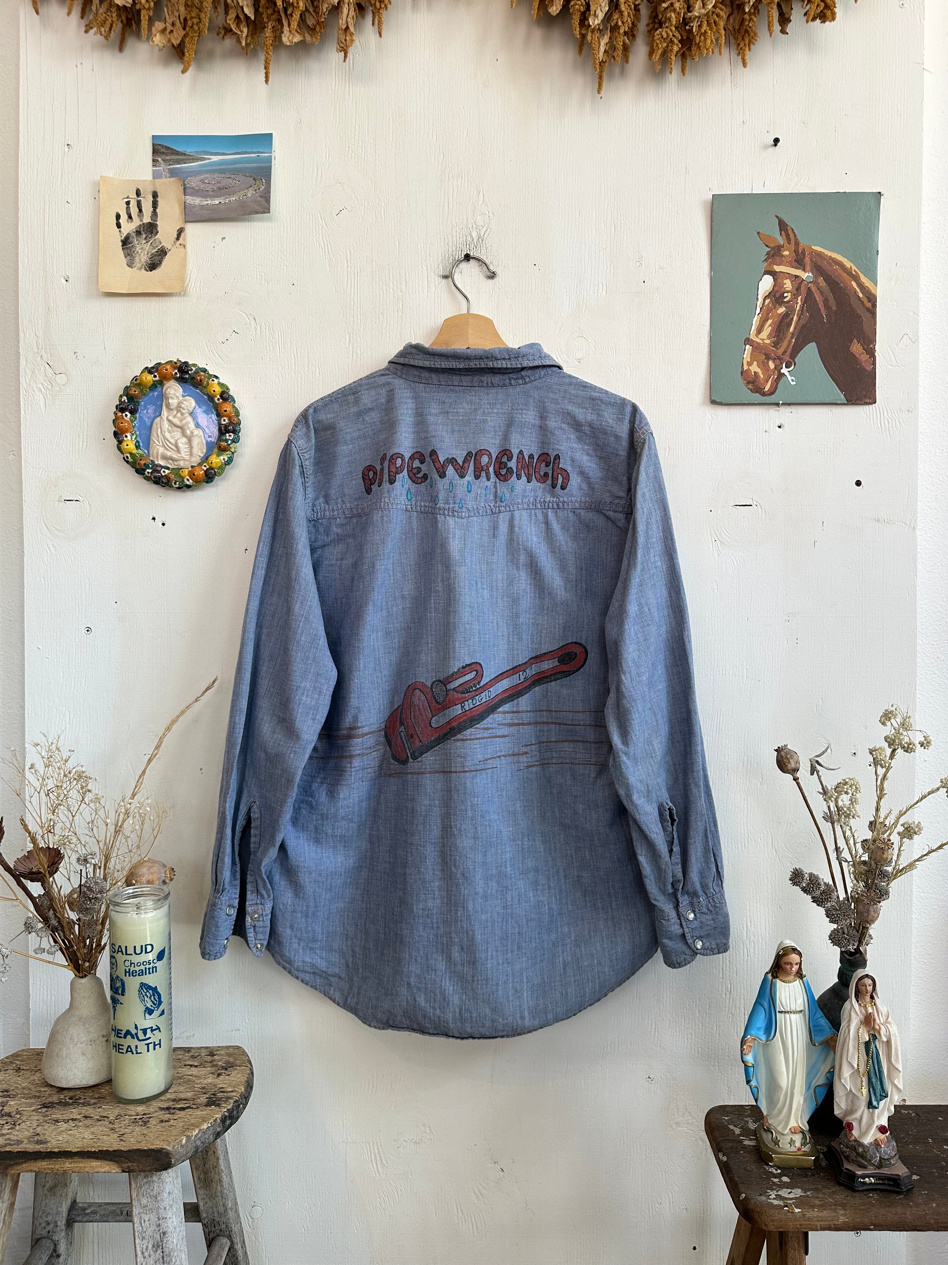 1970s Hand Drawn “Pipe wrench” chambre Western Shirt (Boxy L)