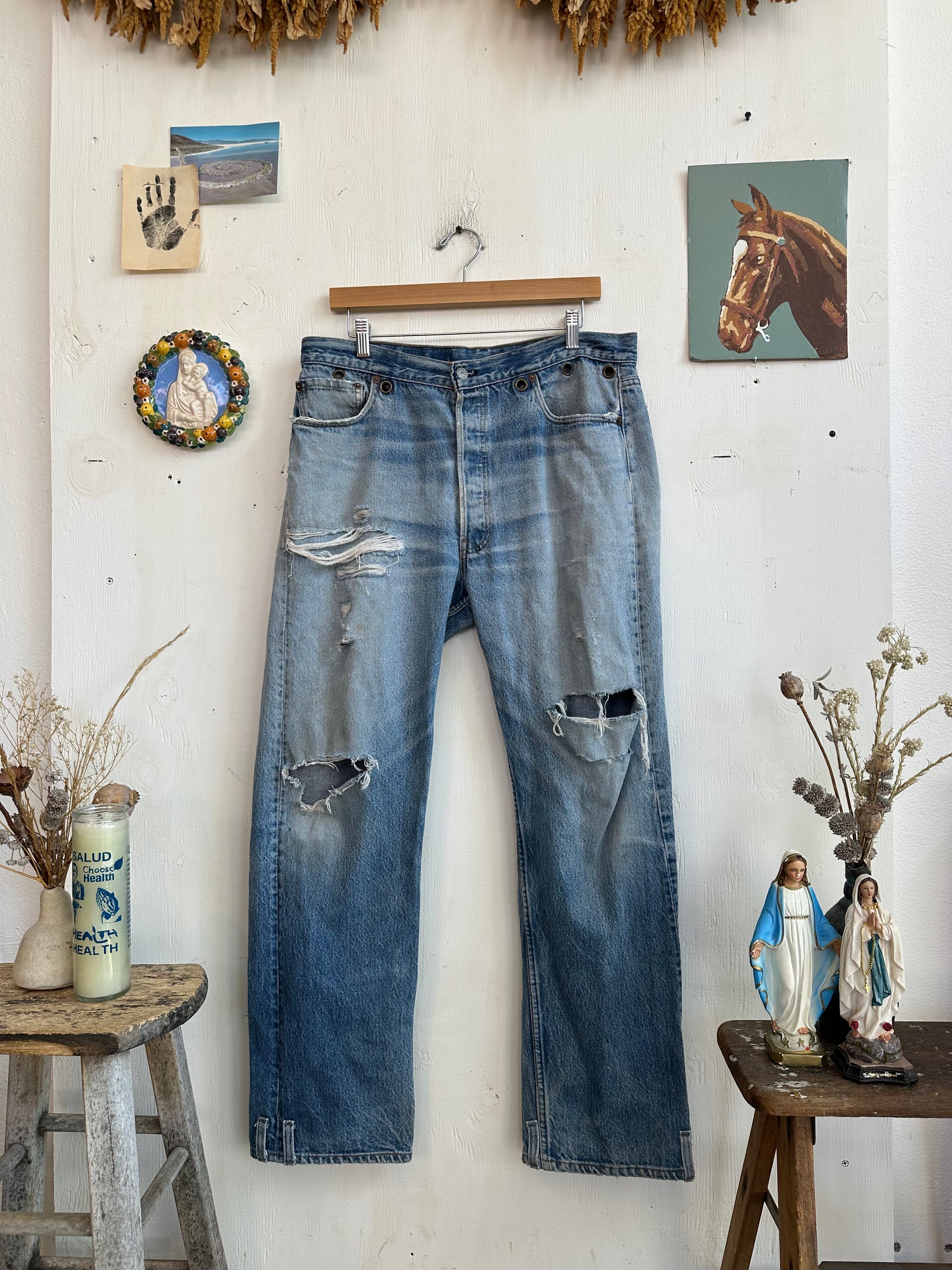 1990s Thrashed Upcycled Hand Altered Levis 501s W/ Shoelace Belt (35/30)