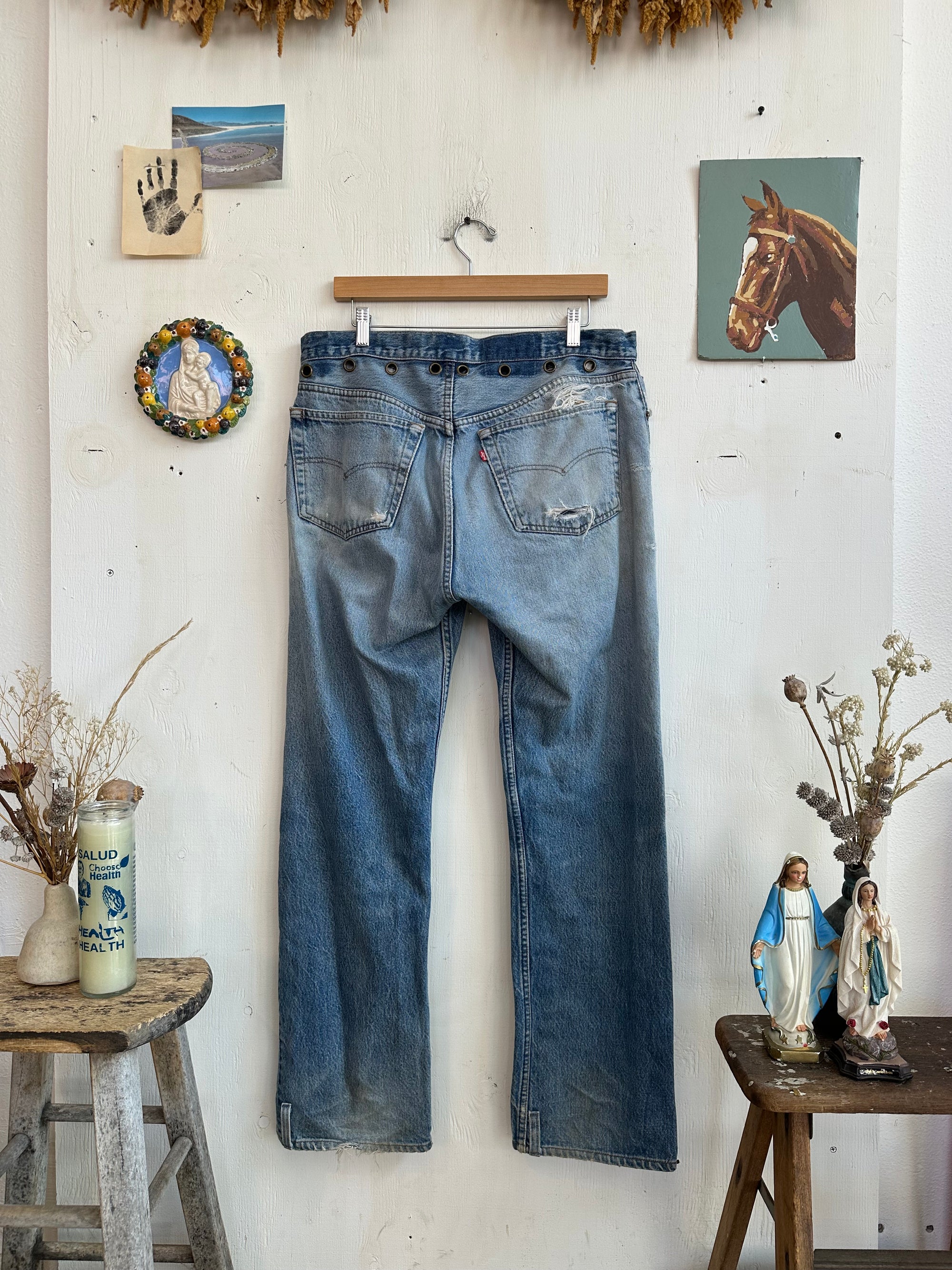 1990s Thrashed Upcycled Hand Altered Levis 501s W/ Shoelace Belt (35/30)