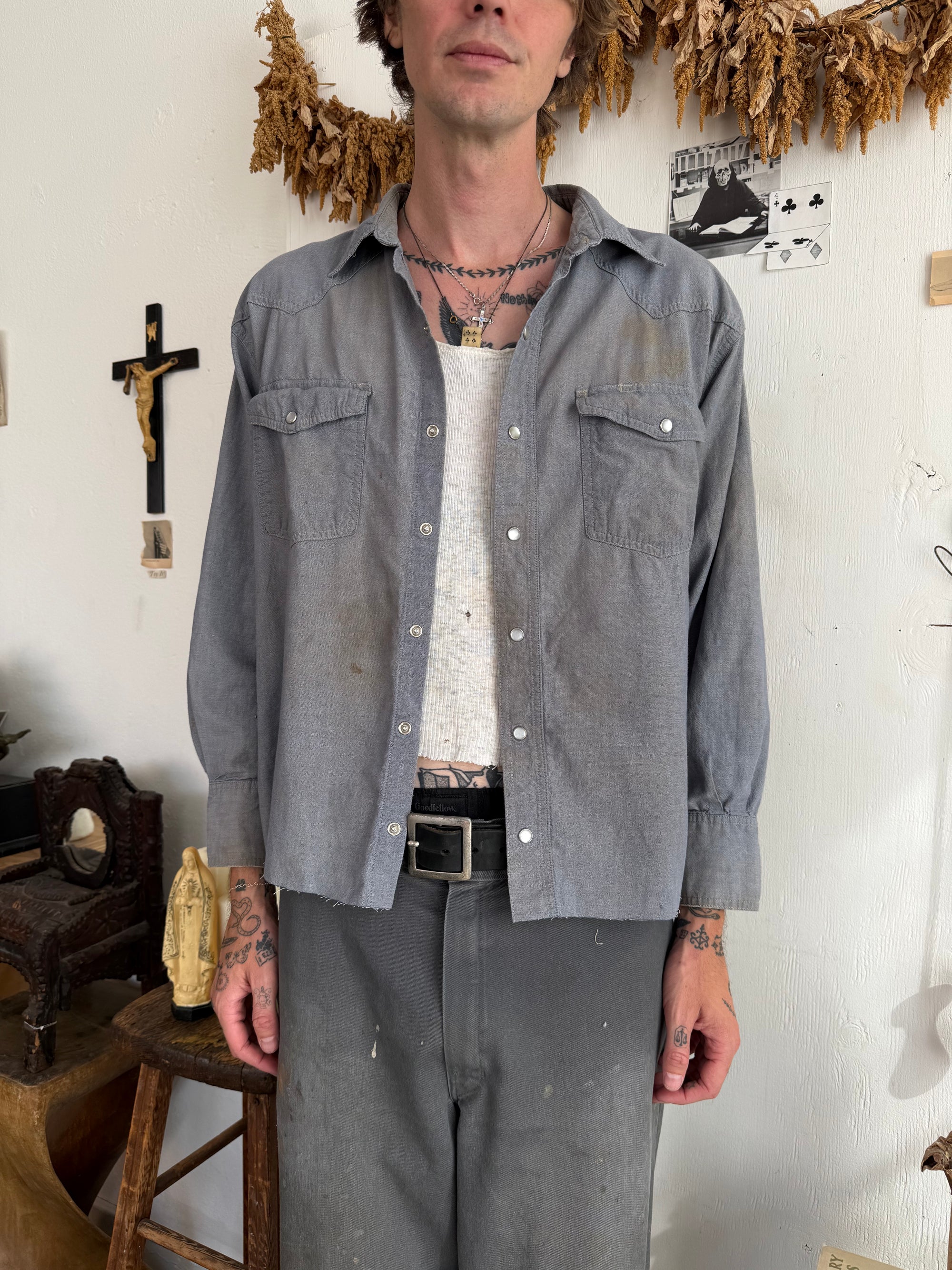 1990s Chopped Slate Gray Snap-Button Western Work Shirt