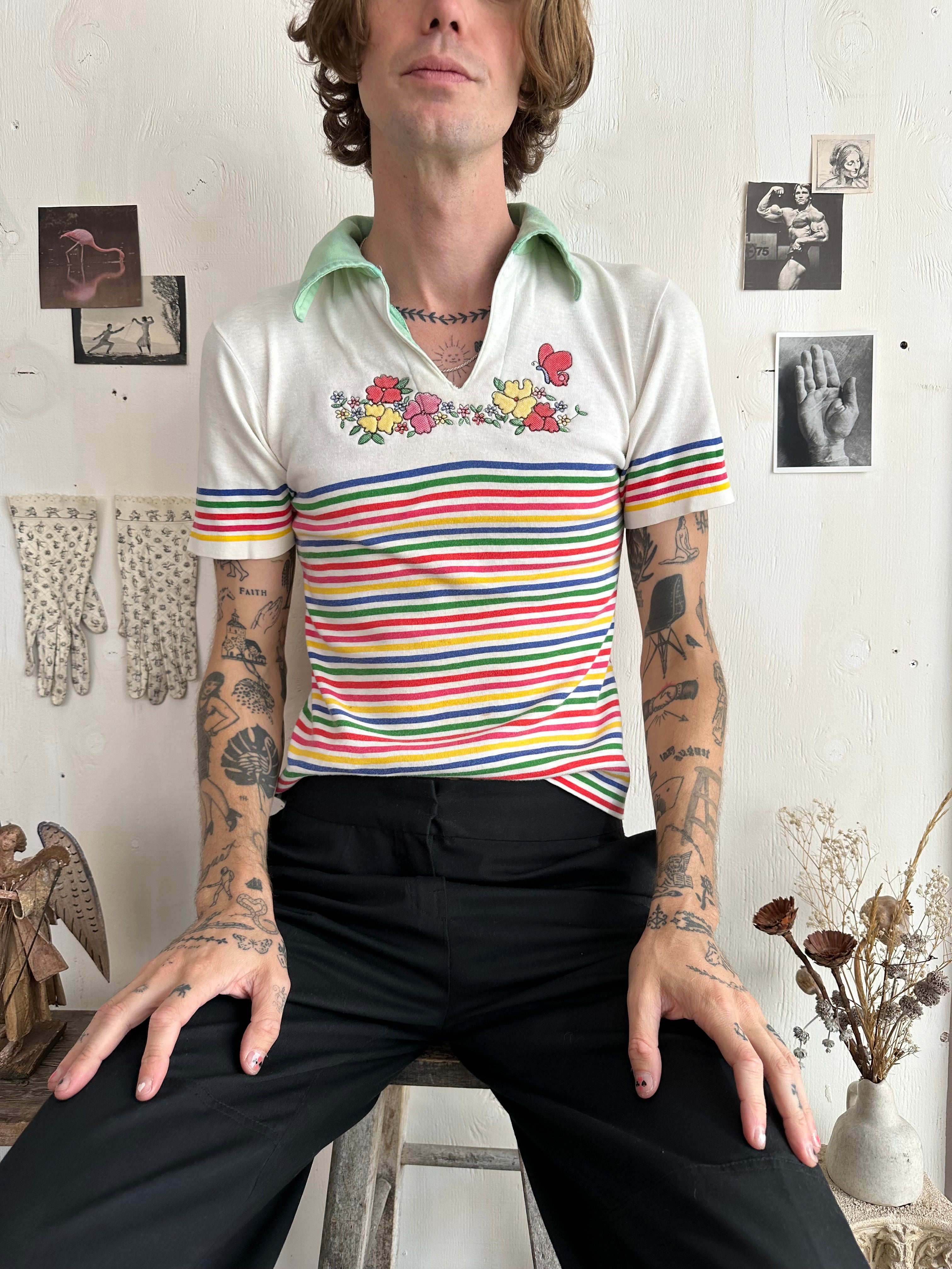 1970s Floral Striped Polo (S)