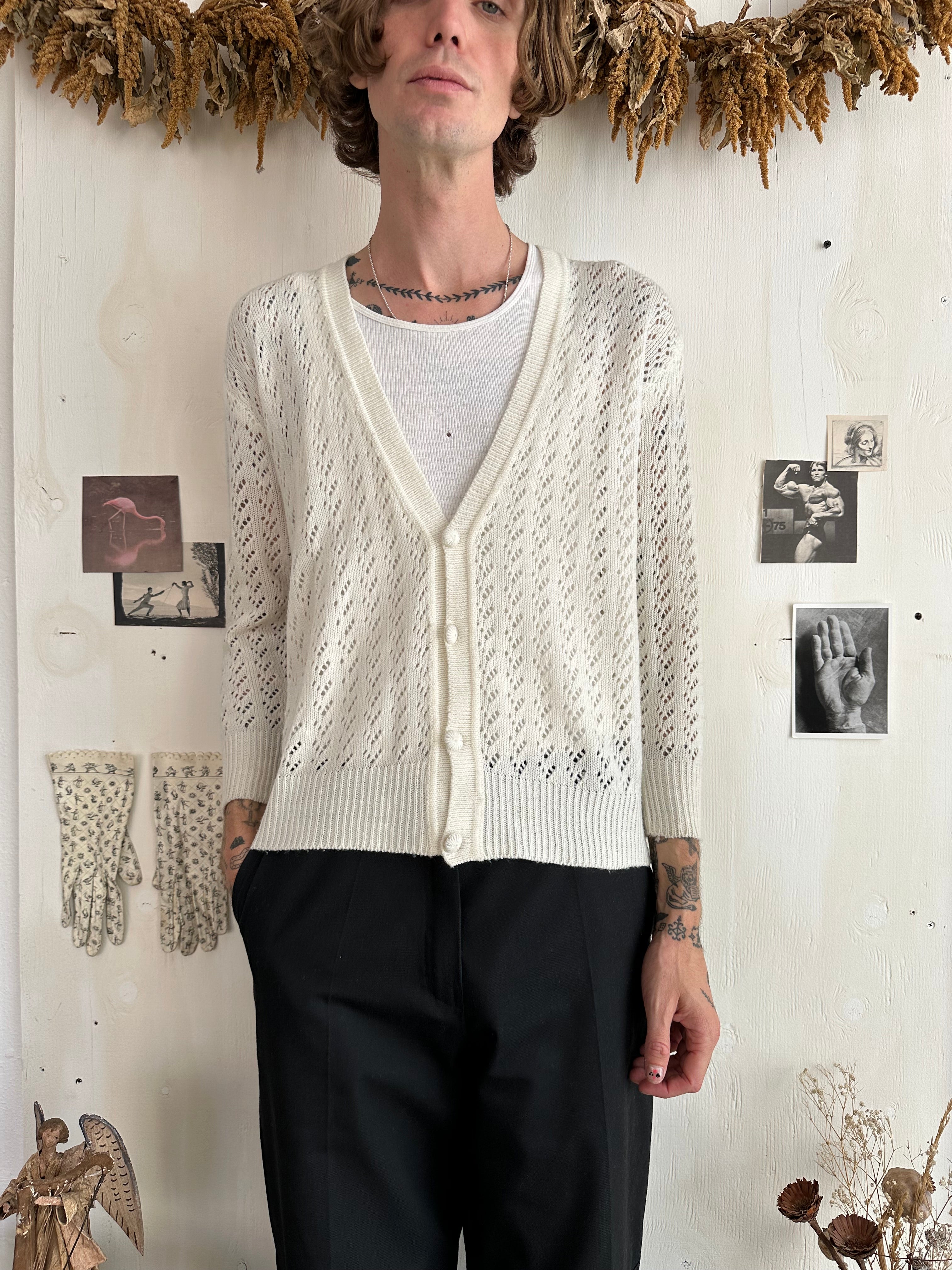 1980s See-Through White Cardigan (M)