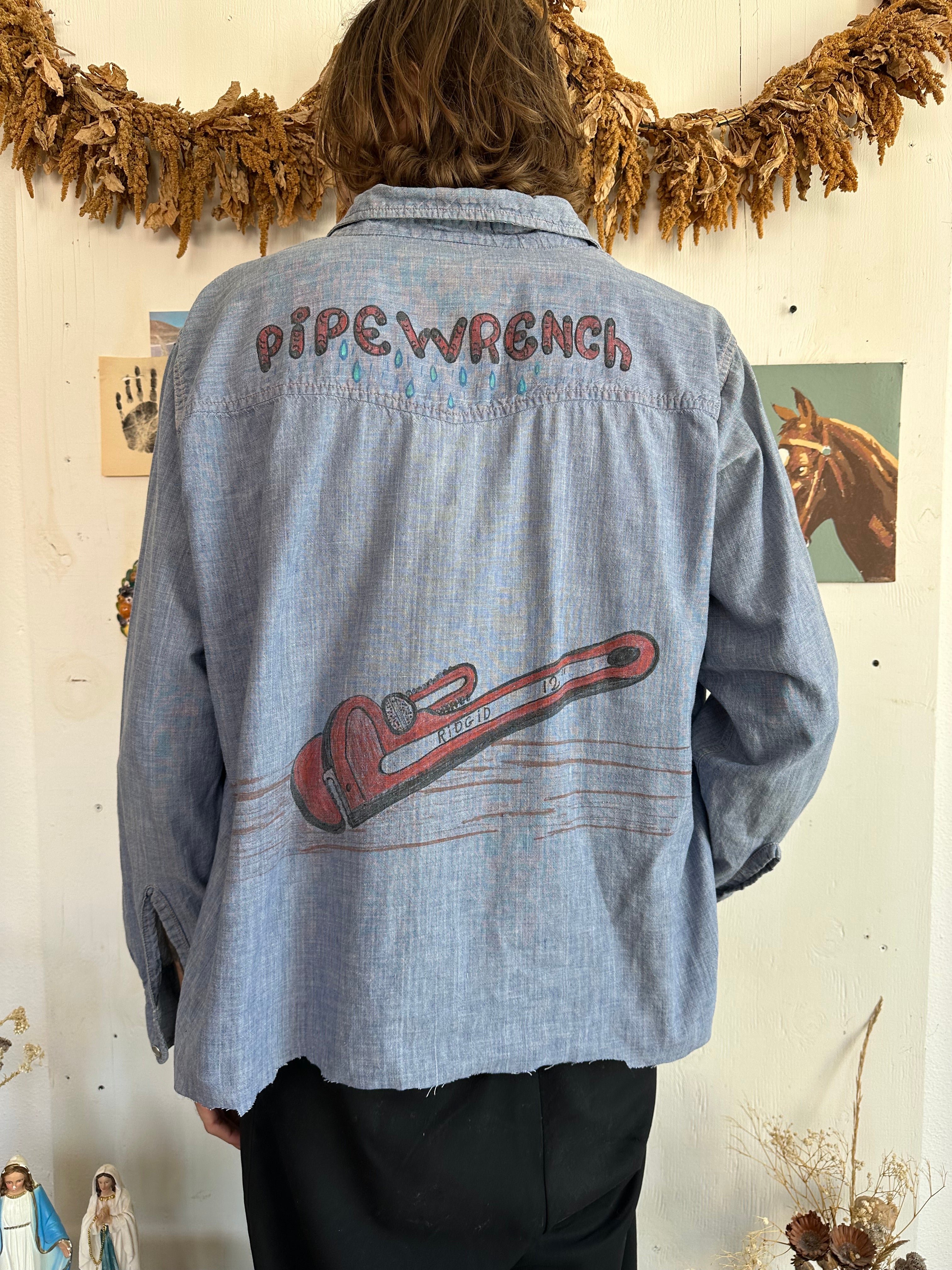 1970s Hand Drawn “Pipe wrench” chambre Western Shirt (Boxy L)