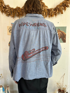1970s Hand Drawn “Pipe wrench” chambre Western Shirt (Boxy L)