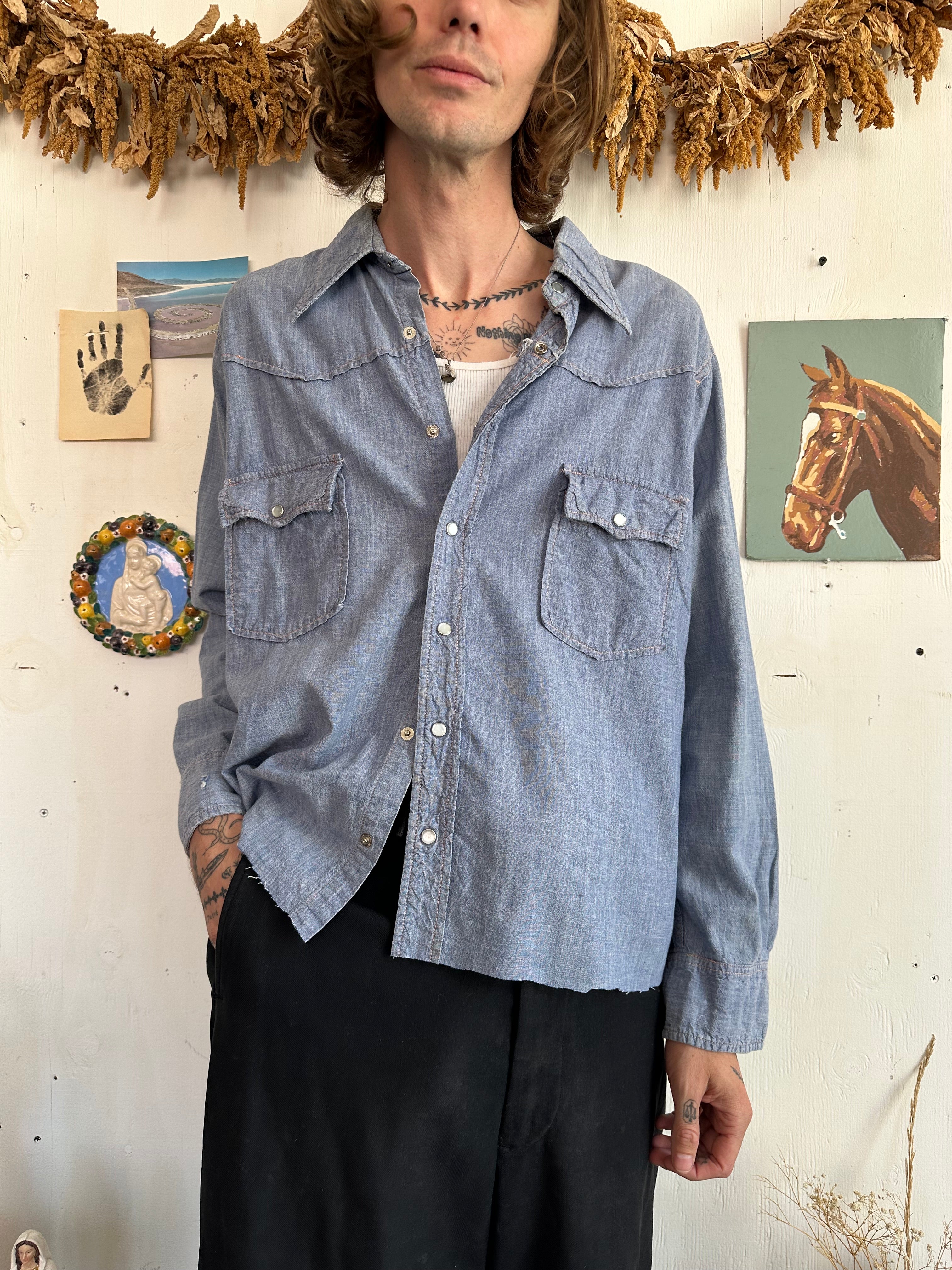 1970s Hand Drawn “Pipe wrench” chambre Western Shirt (Boxy L)