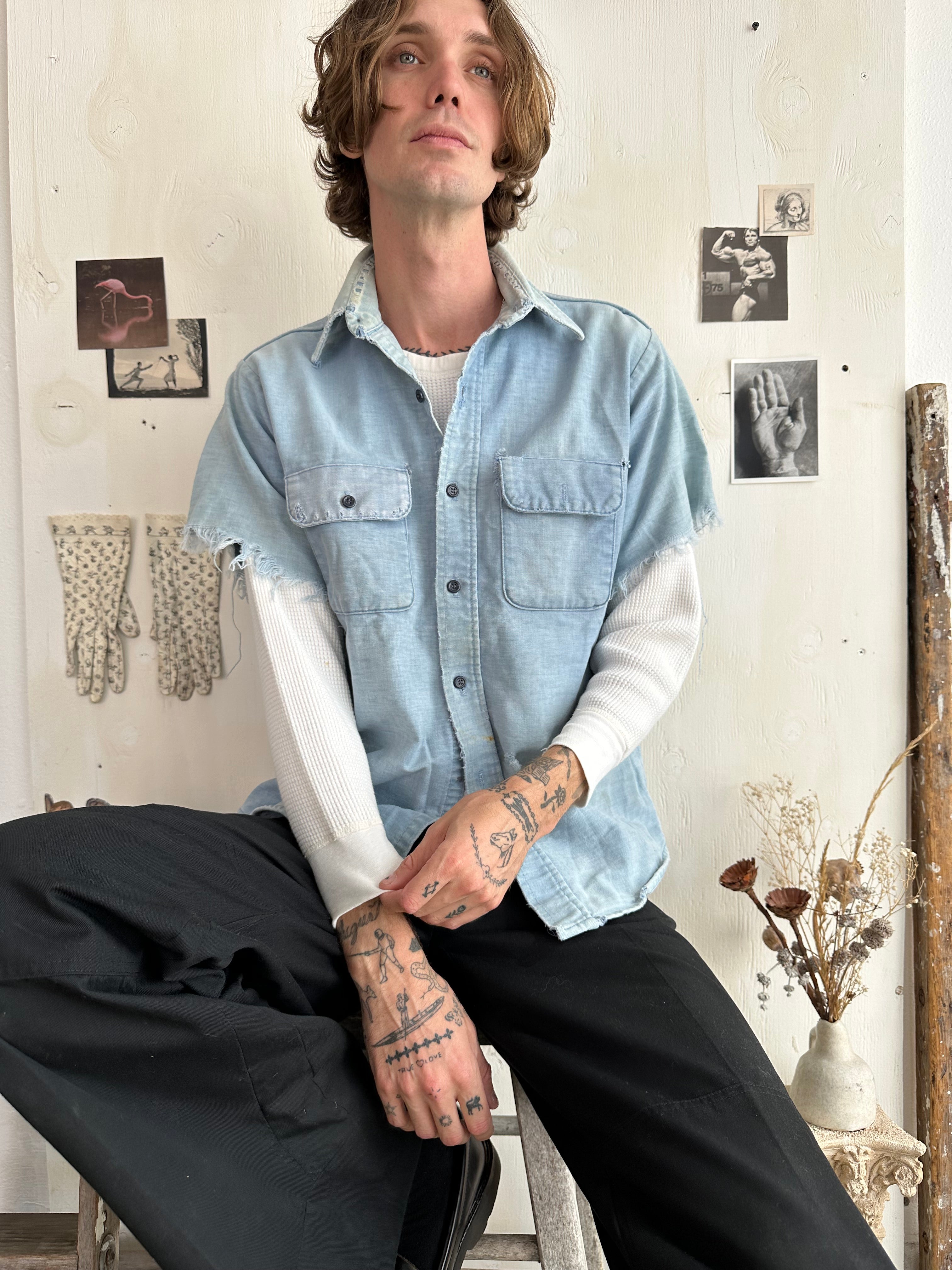 1970s Thrashed Sun Faded Work Shirt (M/L)