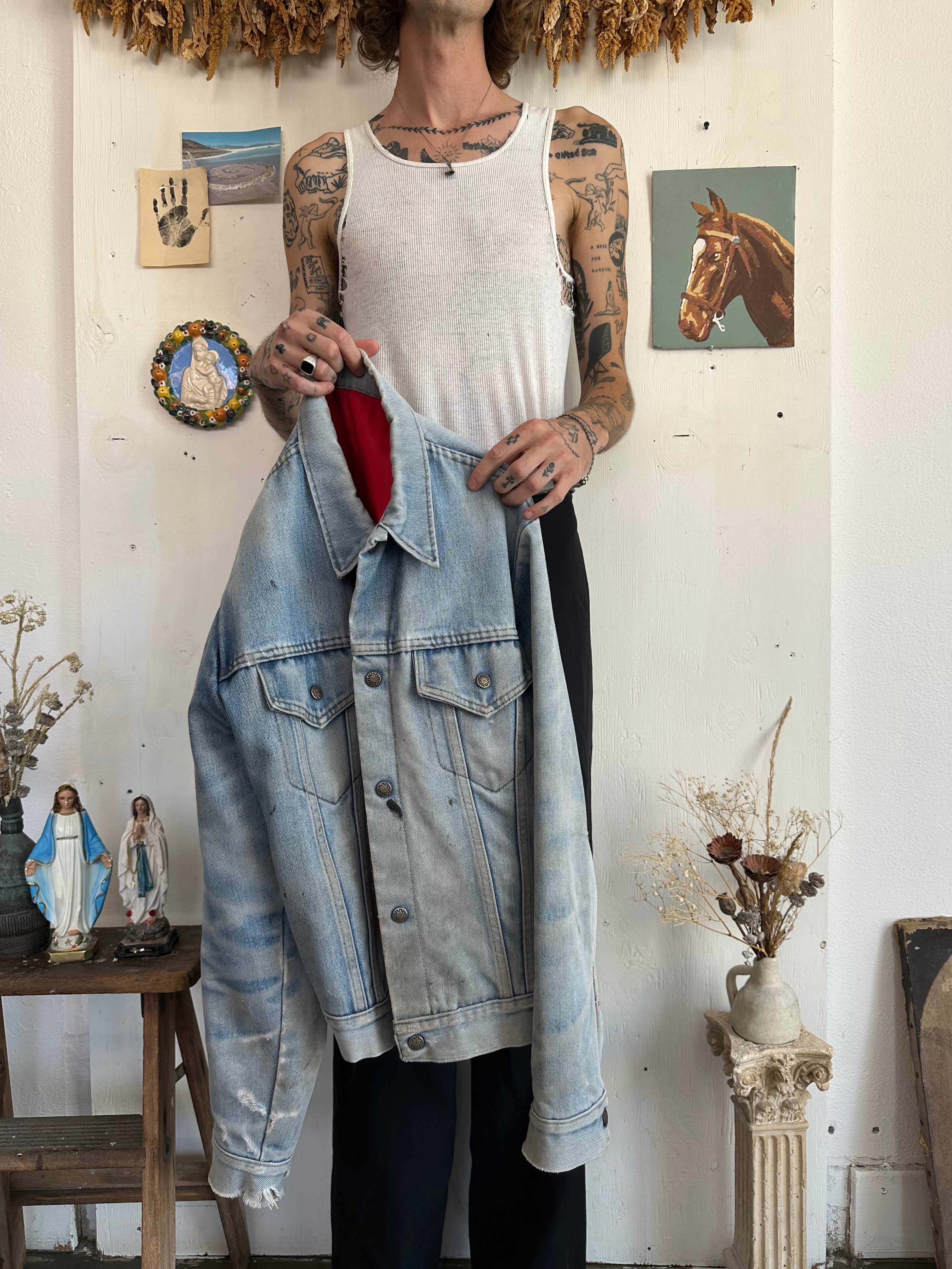 1970s Sunfaded Trucker Jacket W/ Red Lining (Boxy M)