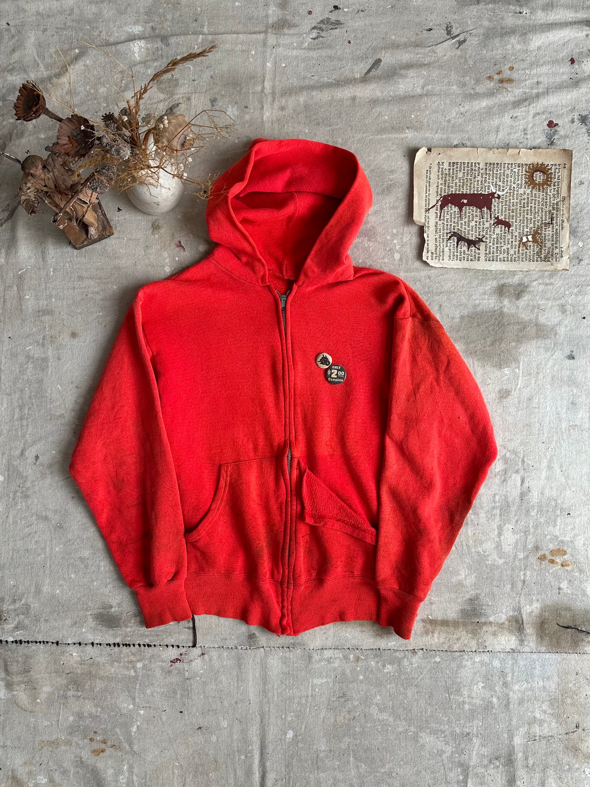 1980s Well Worn Red Zip-Up W/ Pins