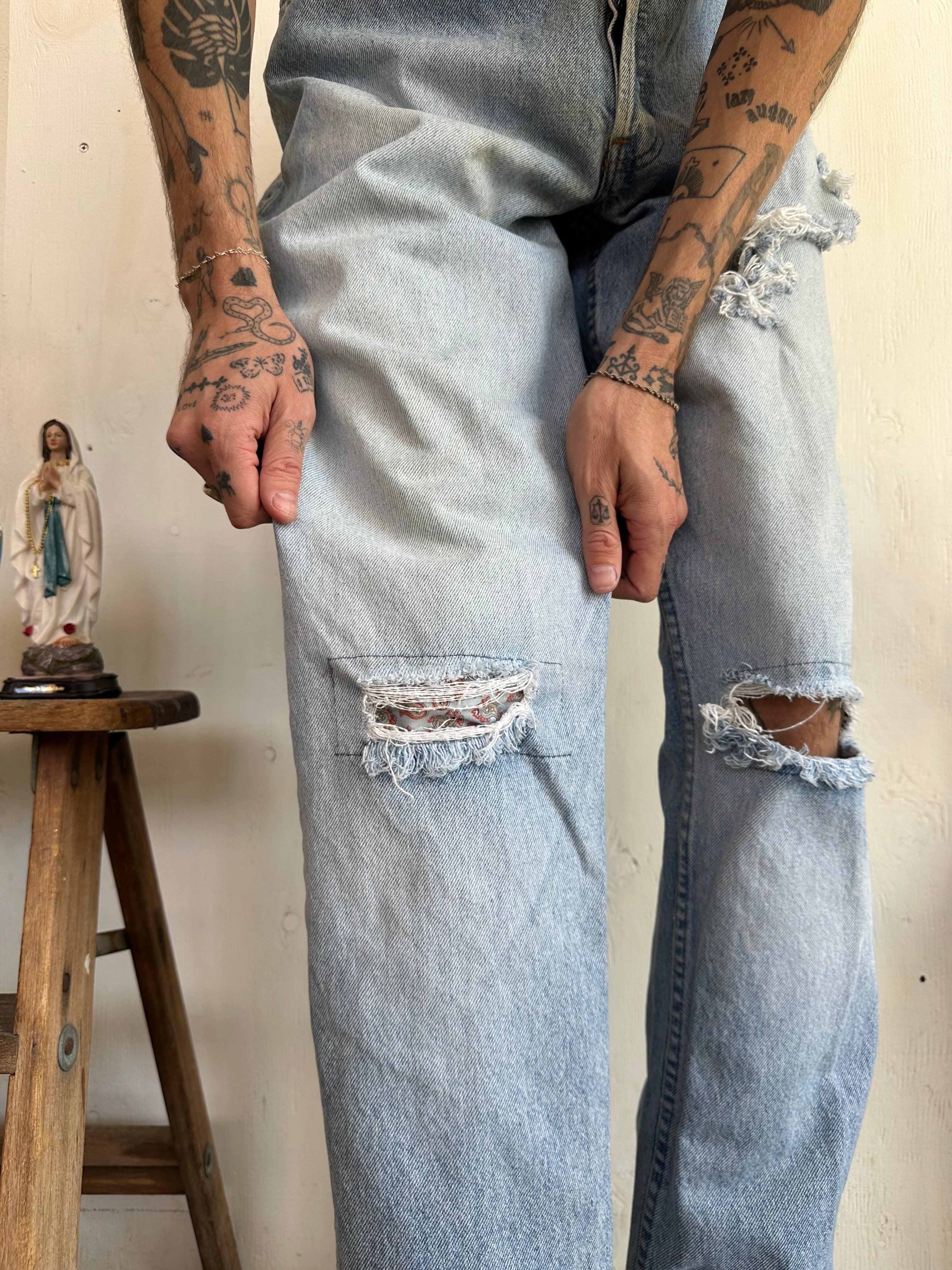 1990s Thrashed and Repaired GAP Straight Leg Denim (34/32)
