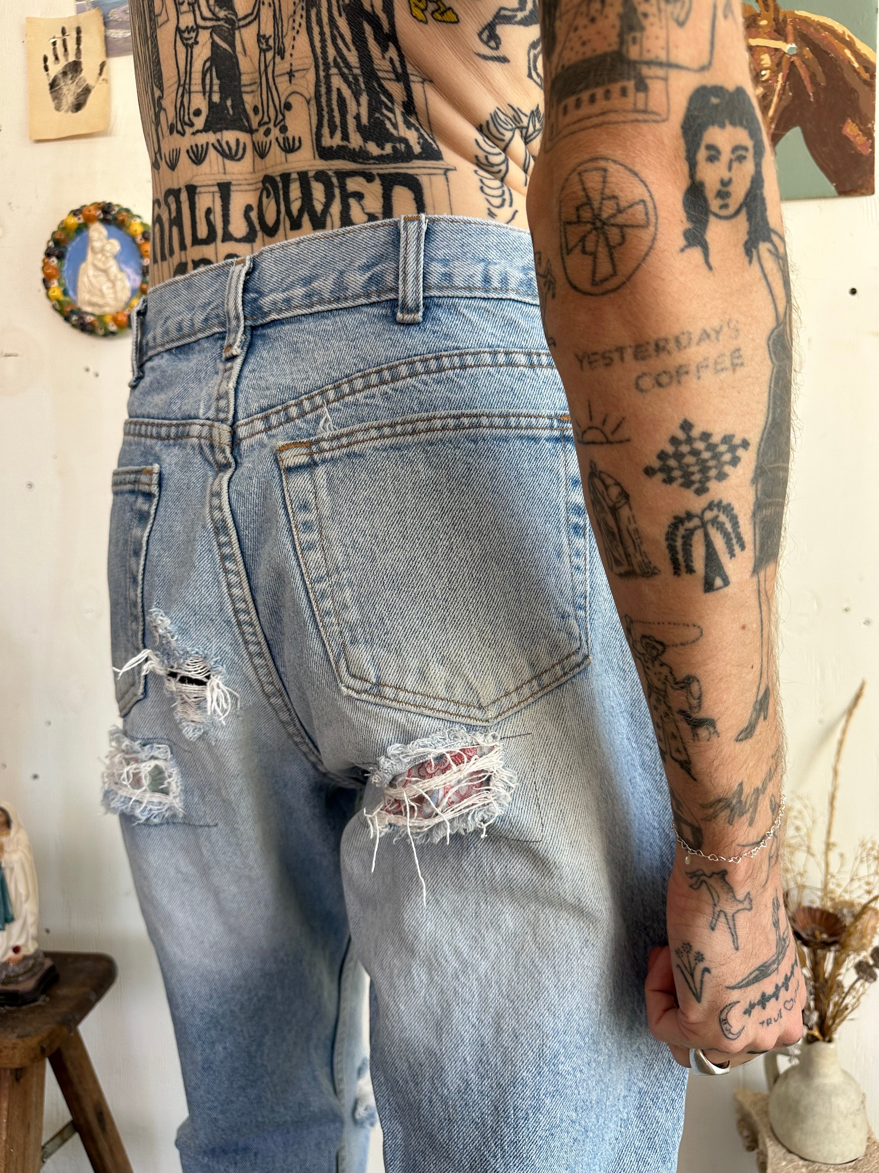 1990s Thrashed and Repaired GAP Straight Leg Denim (34/32)