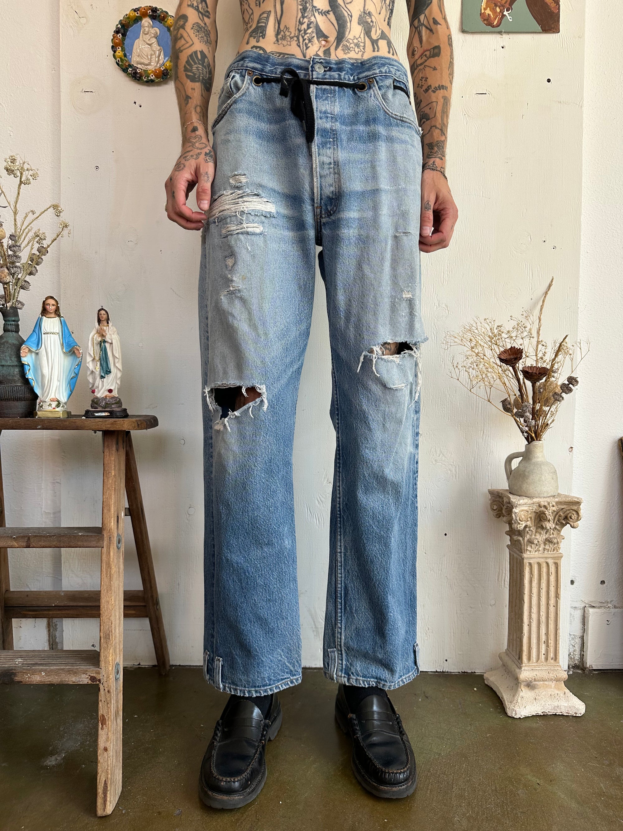 1990s Thrashed Upcycled Hand Altered Levis 501s W/ Shoelace Belt (35/30)