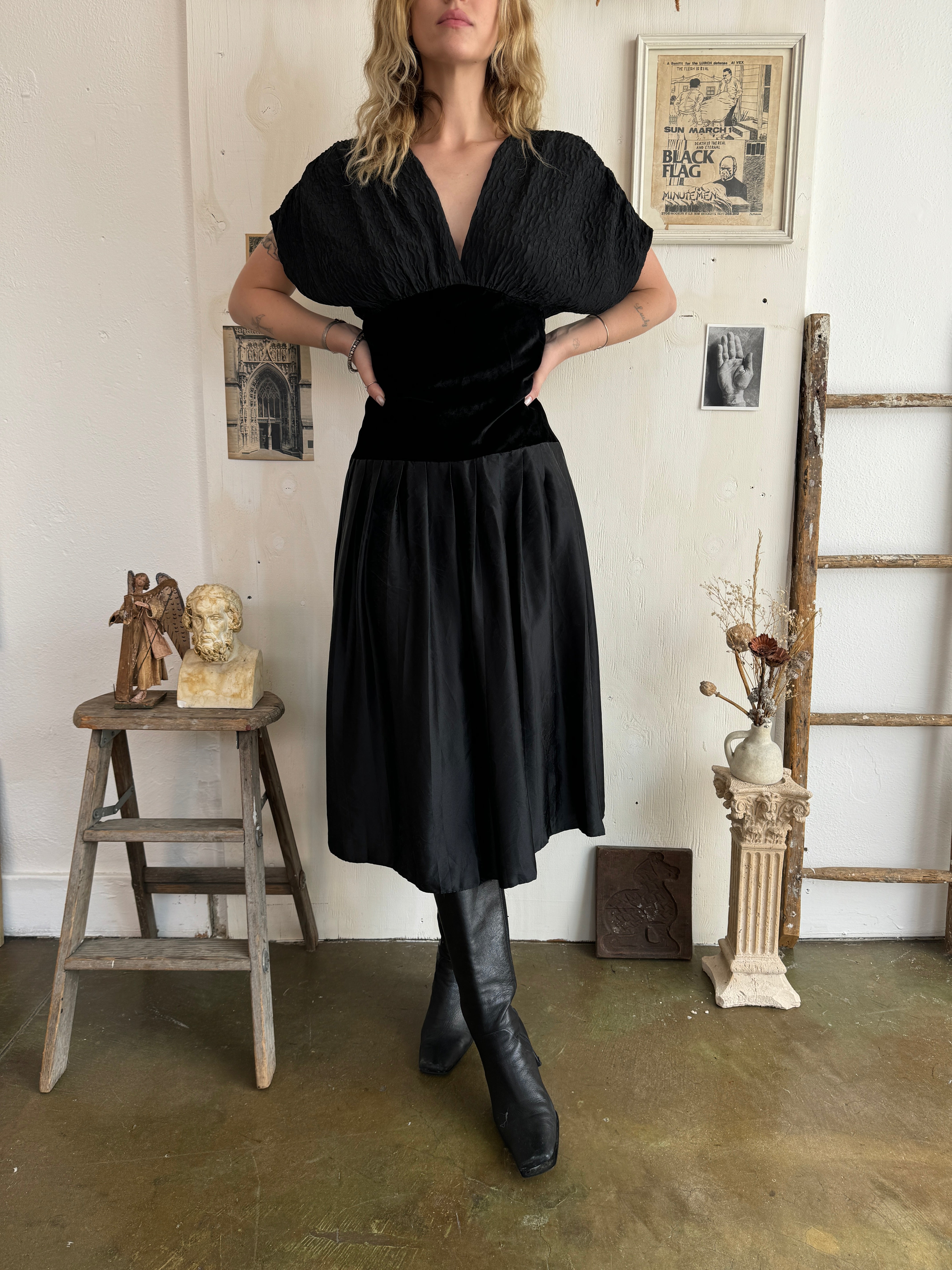 1980s Velvet Waist Silky Dress (M)