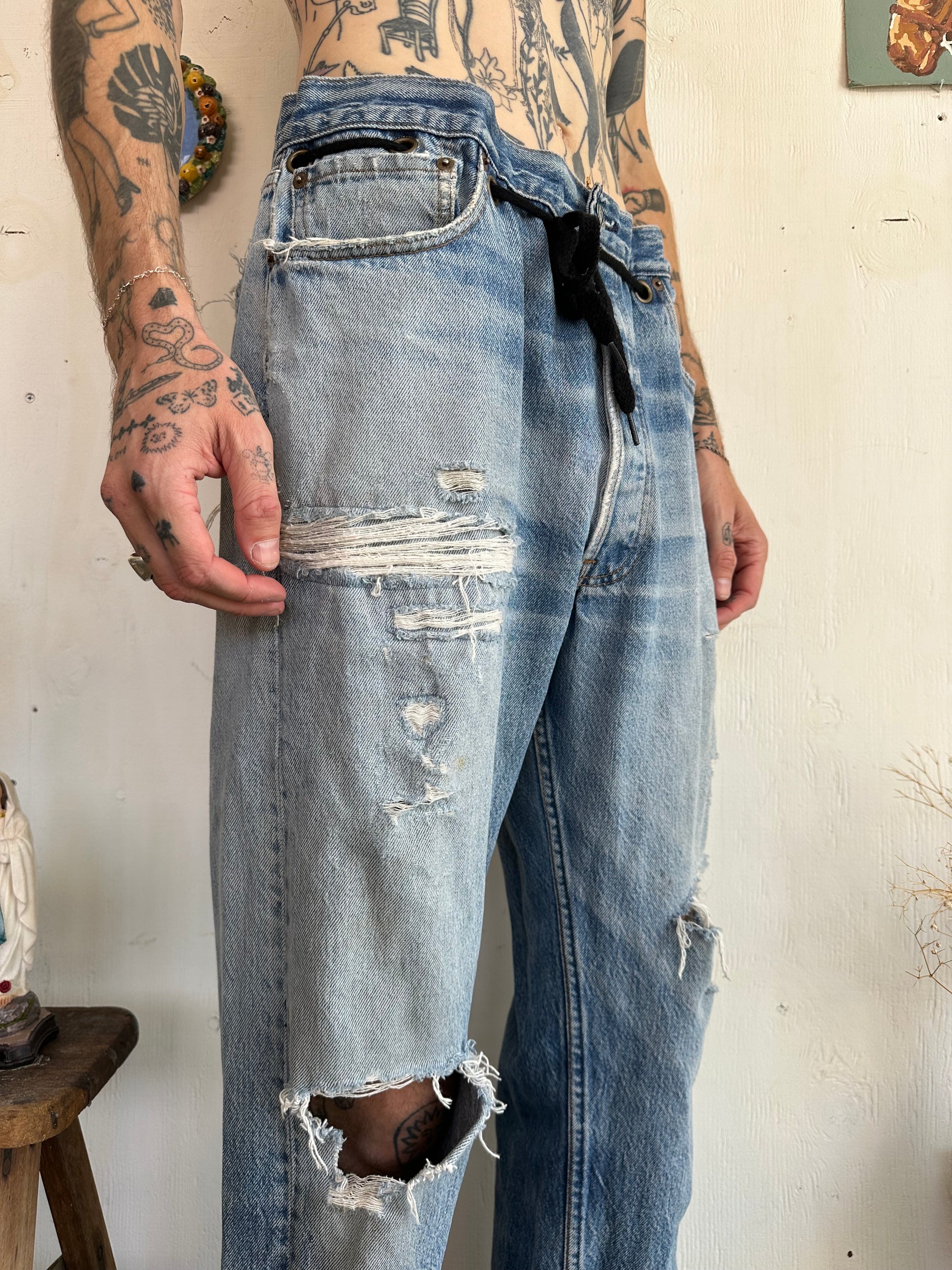 1990s Thrashed Upcycled Hand Altered Levis 501s W/ Shoelace Belt (35/30)