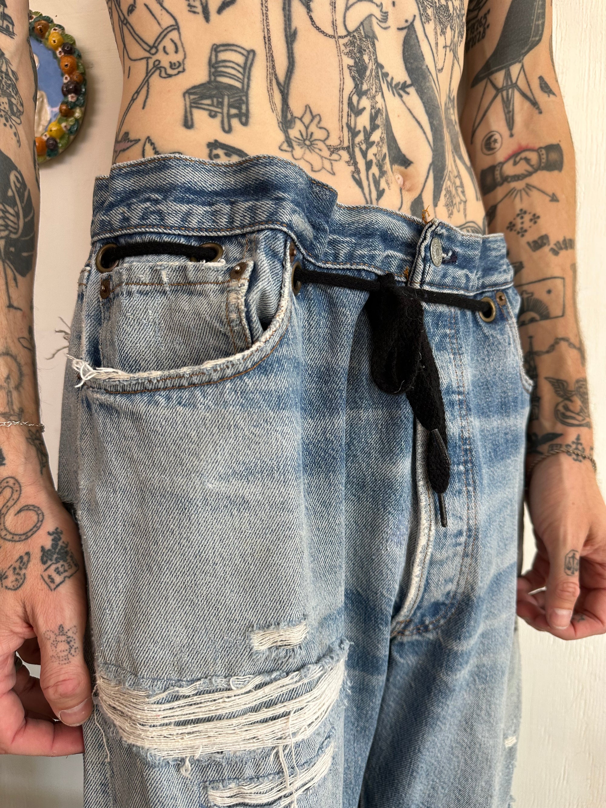 1990s Thrashed Upcycled Hand Altered Levis 501s W/ Shoelace Belt (35/30)
