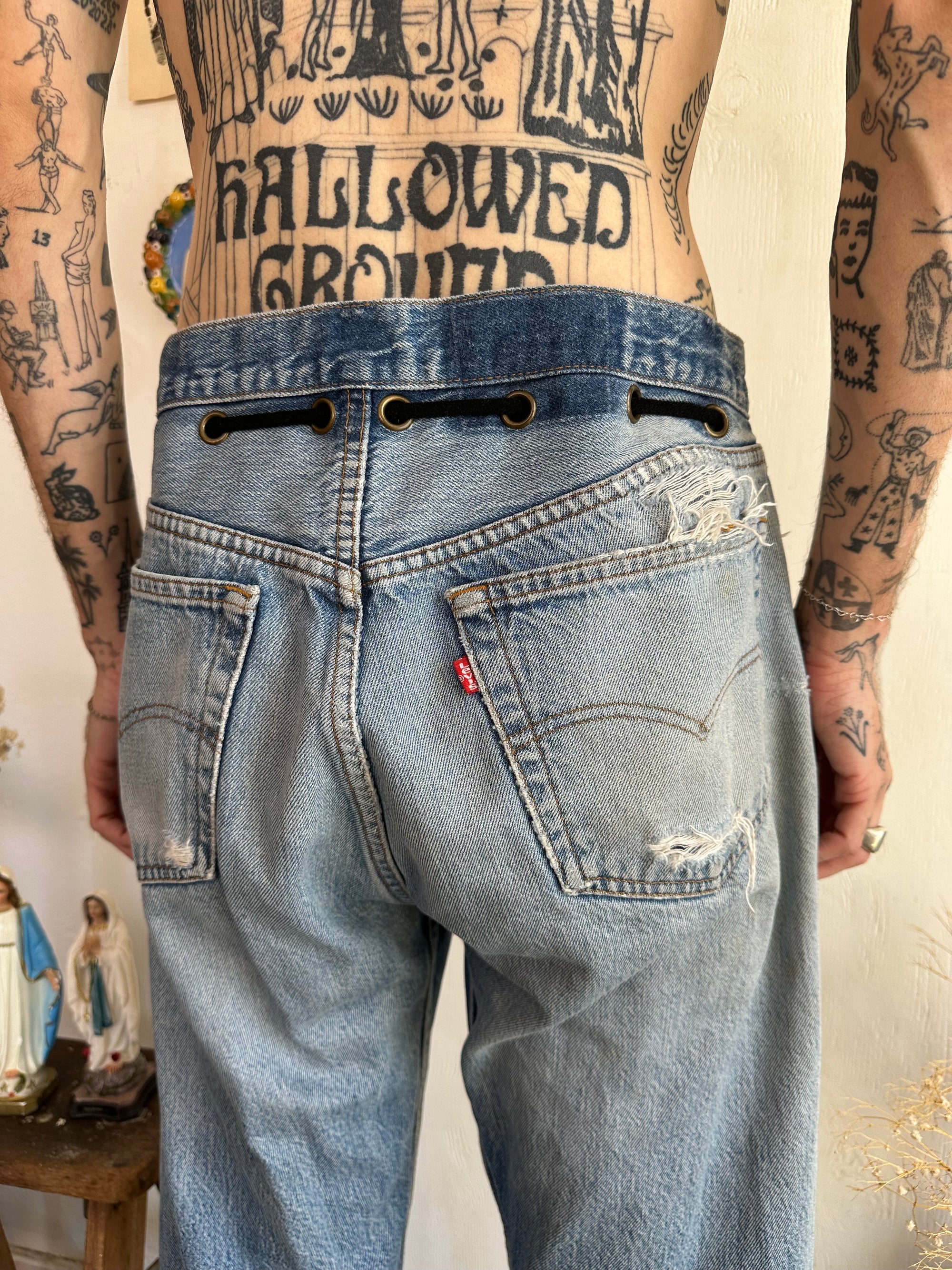 1990s Thrashed Upcycled Hand Altered Levis 501s W/ Shoelace Belt (35/30)