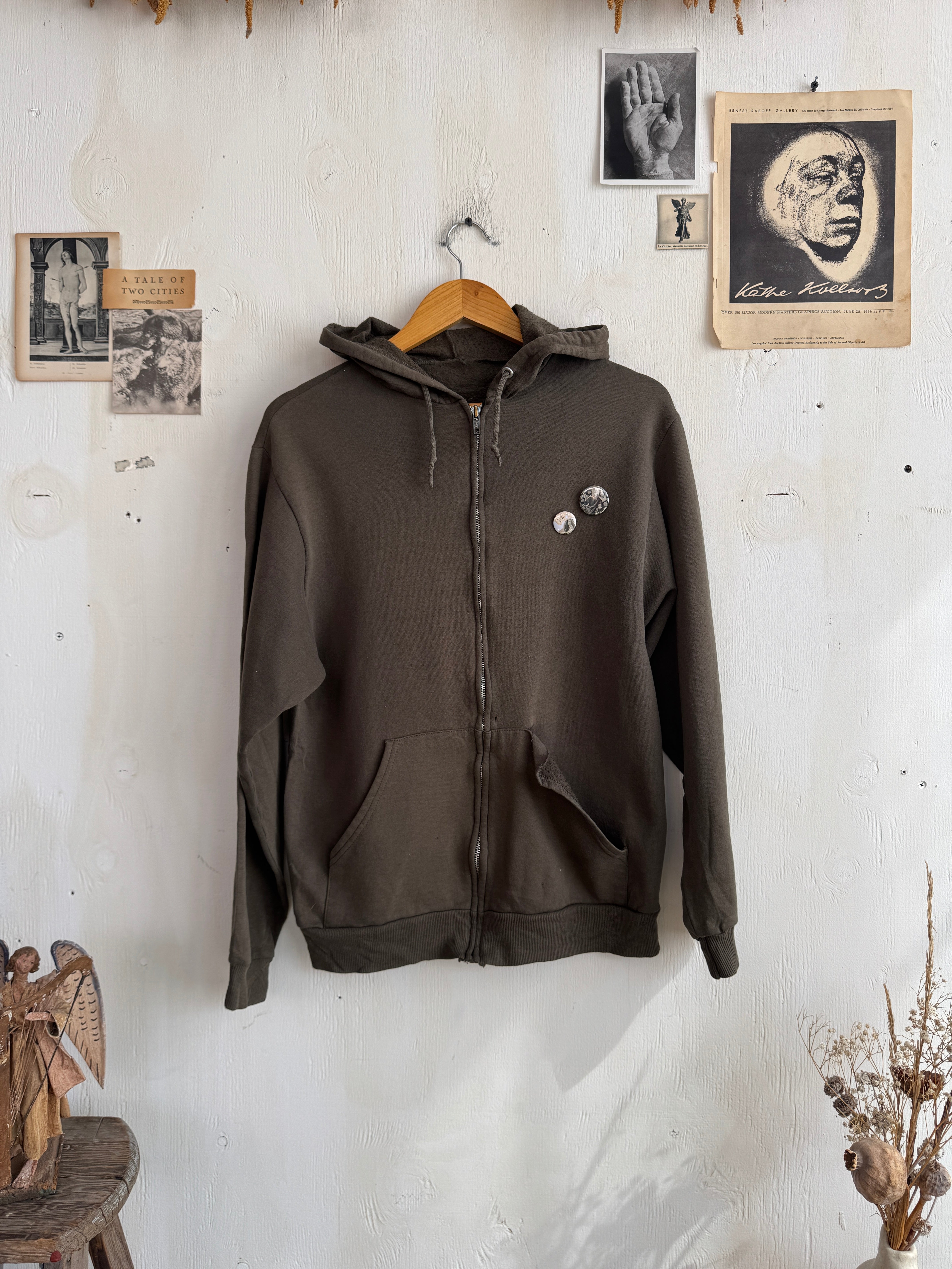 1990s Putty Grey/Green Zip-Up Hoodie with Pins (M)