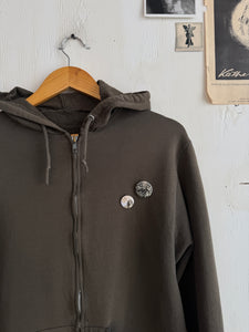 1990s Putty Grey/Green Zip-Up Hoodie with Pins (M)