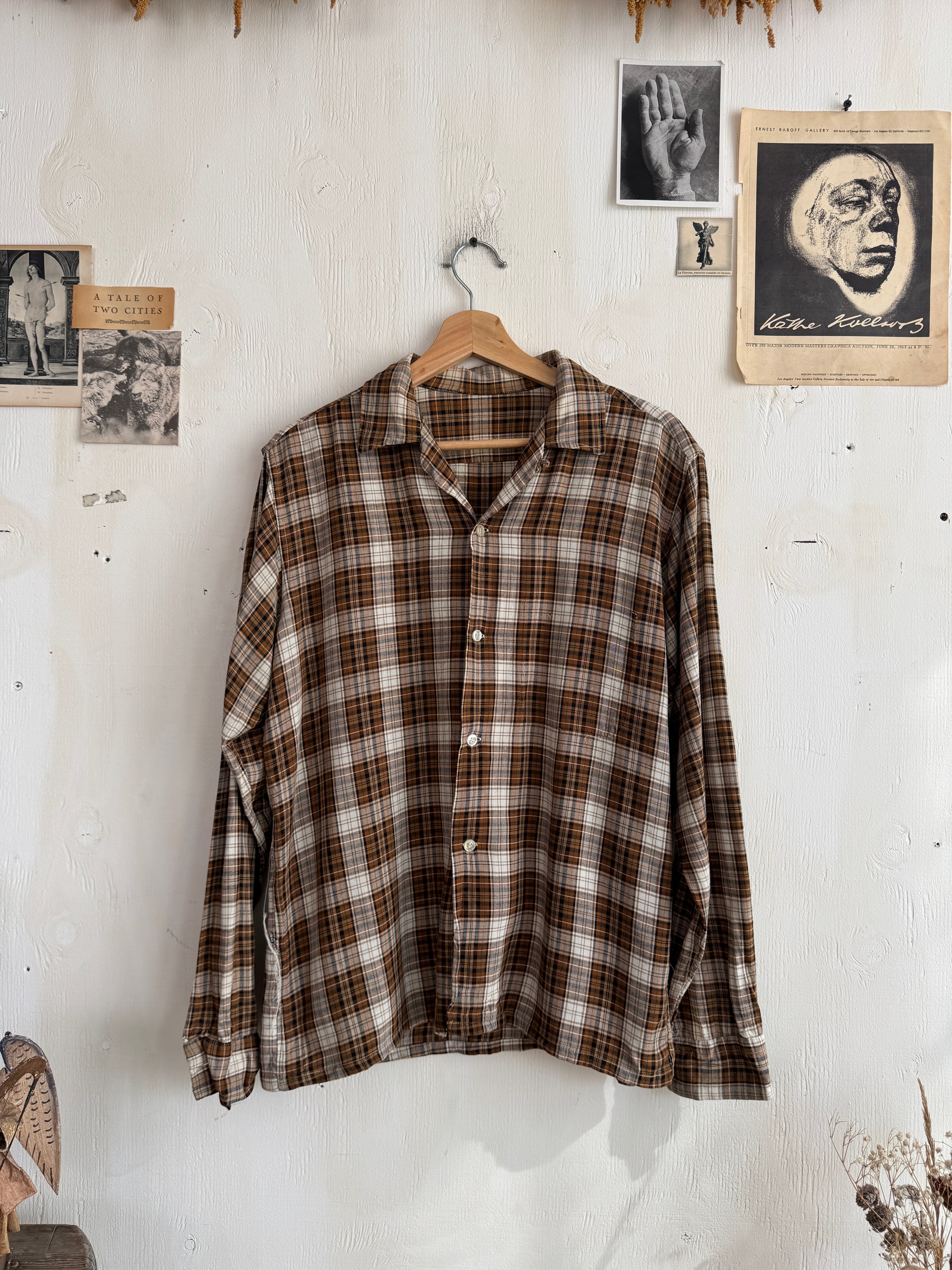 1960s Thrashed Rayon Plaid Camp-Collar shirt (Boxy L)