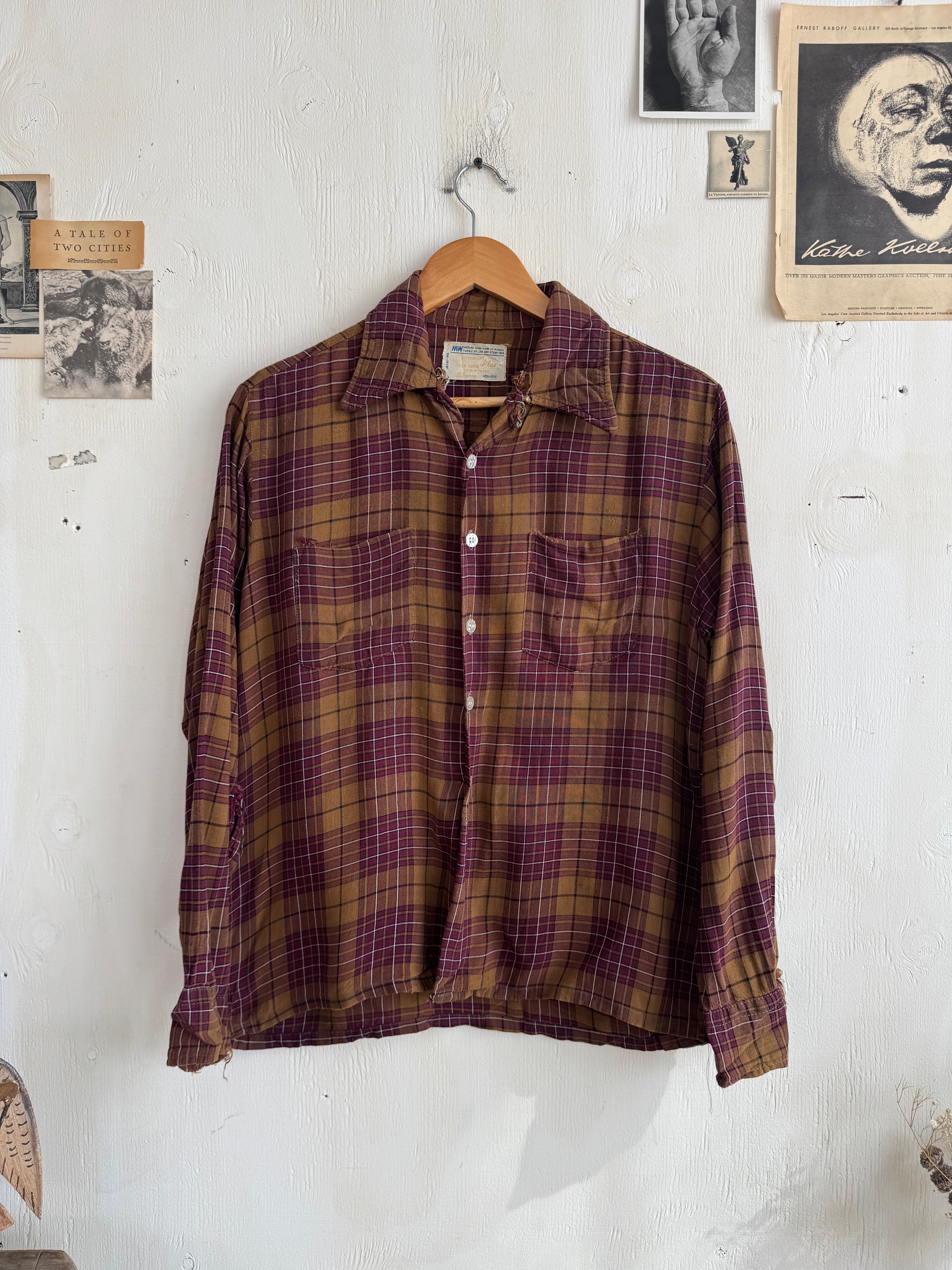 1970s Thrashed Rayon Plaid Shirt (Boxy M)