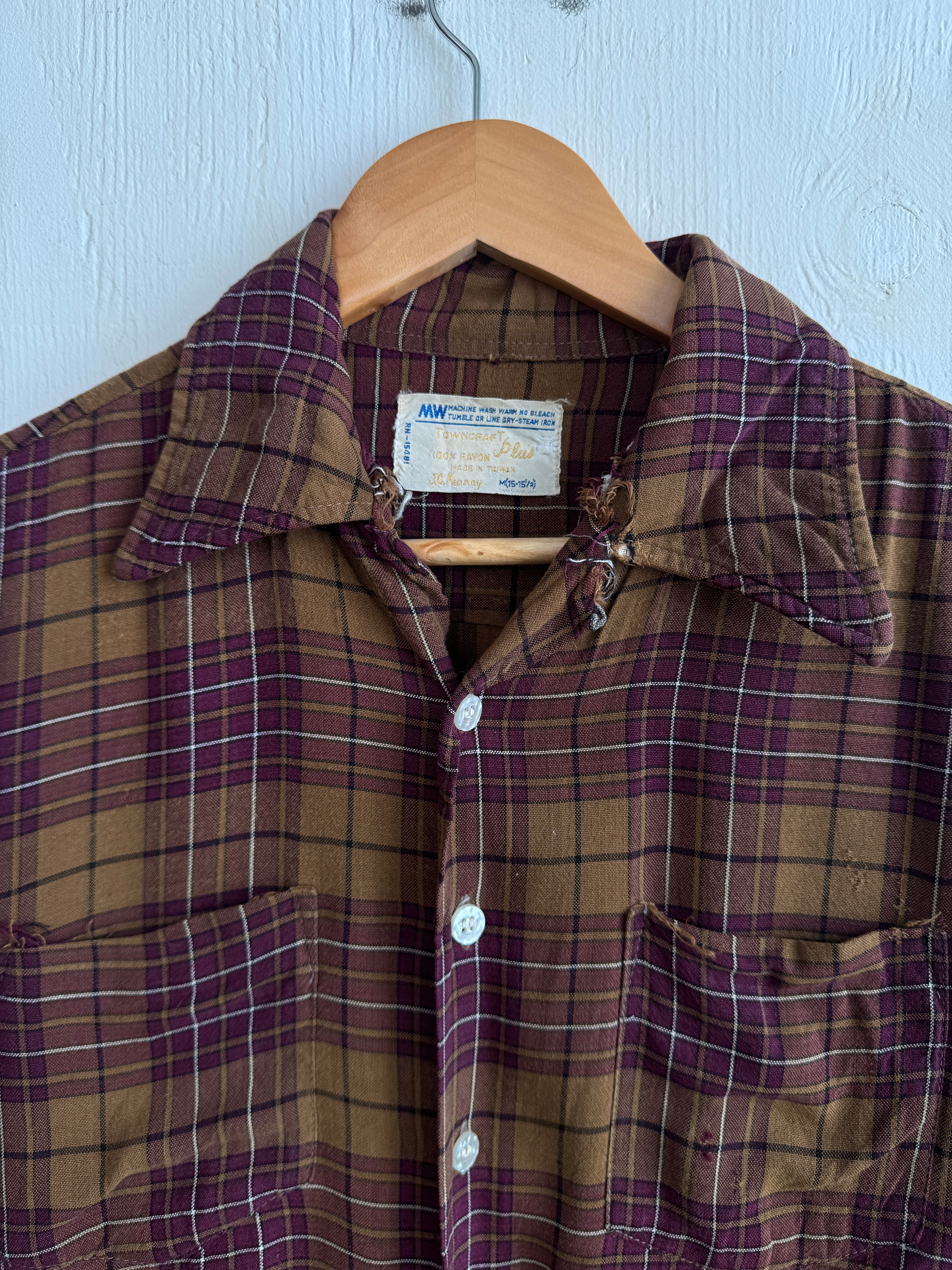 1970s Thrashed Rayon Plaid Shirt (Boxy M)
