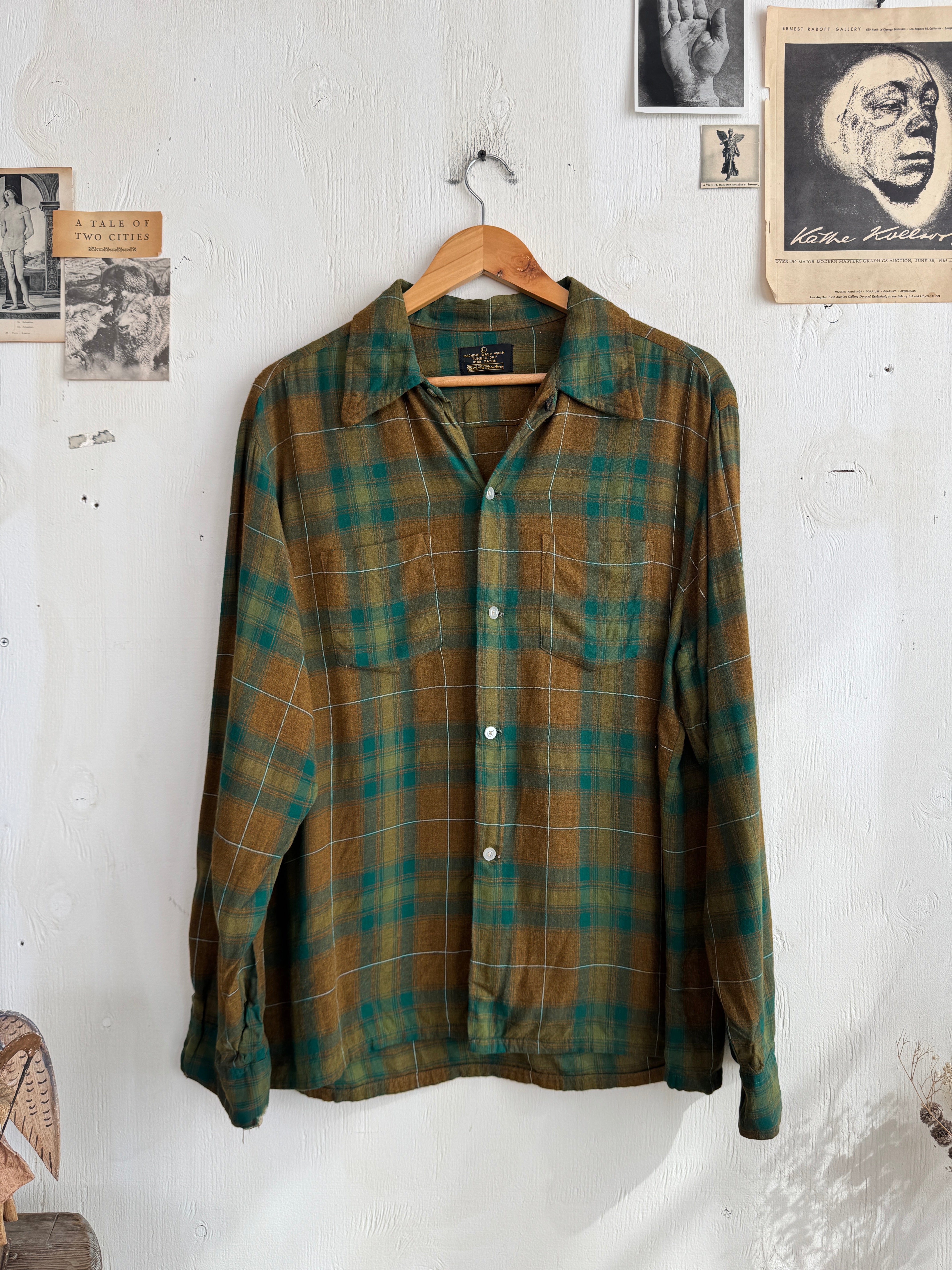 1970s Thrashed Camp-Collar Rayon Plaid Shirt (L/XL)