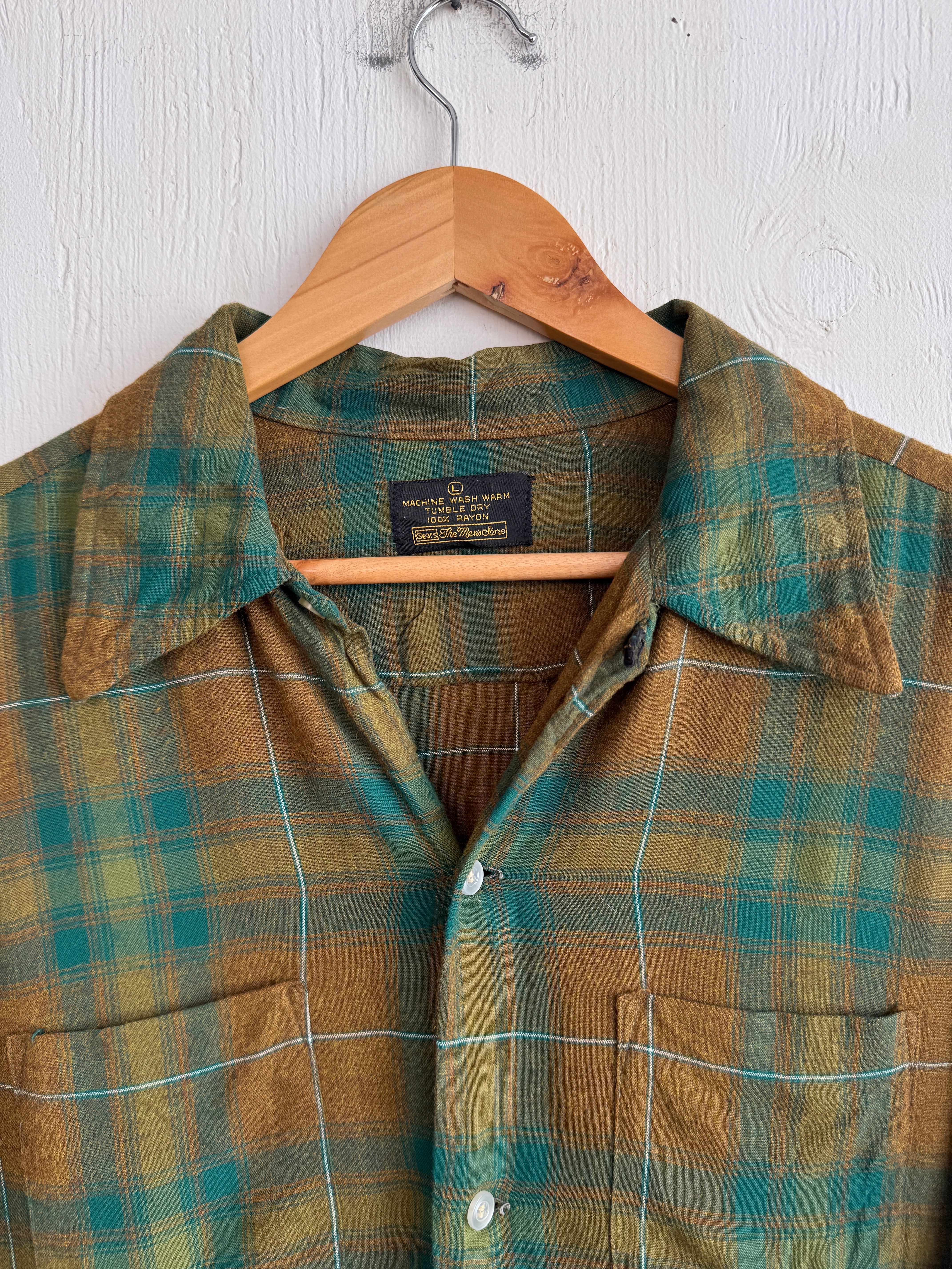 1970s Thrashed Camp-Collar Rayon Plaid Shirt (L/XL)