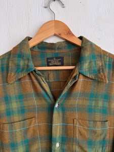 1970s Thrashed Camp-Collar Rayon Plaid Shirt (L/XL)