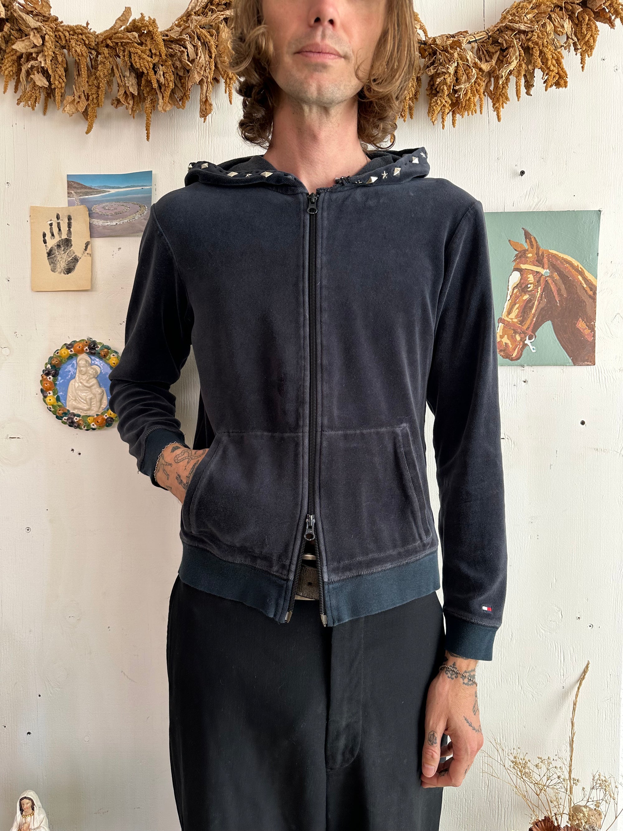 2000s Tommy Hilfiger Hand Studded Velour Zip Up (M)