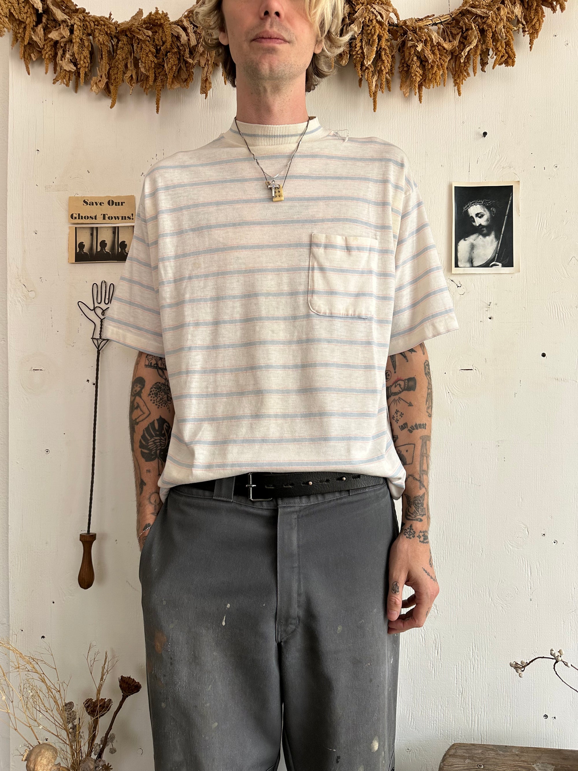 1960s Striped Mock Neck Pocket Tee