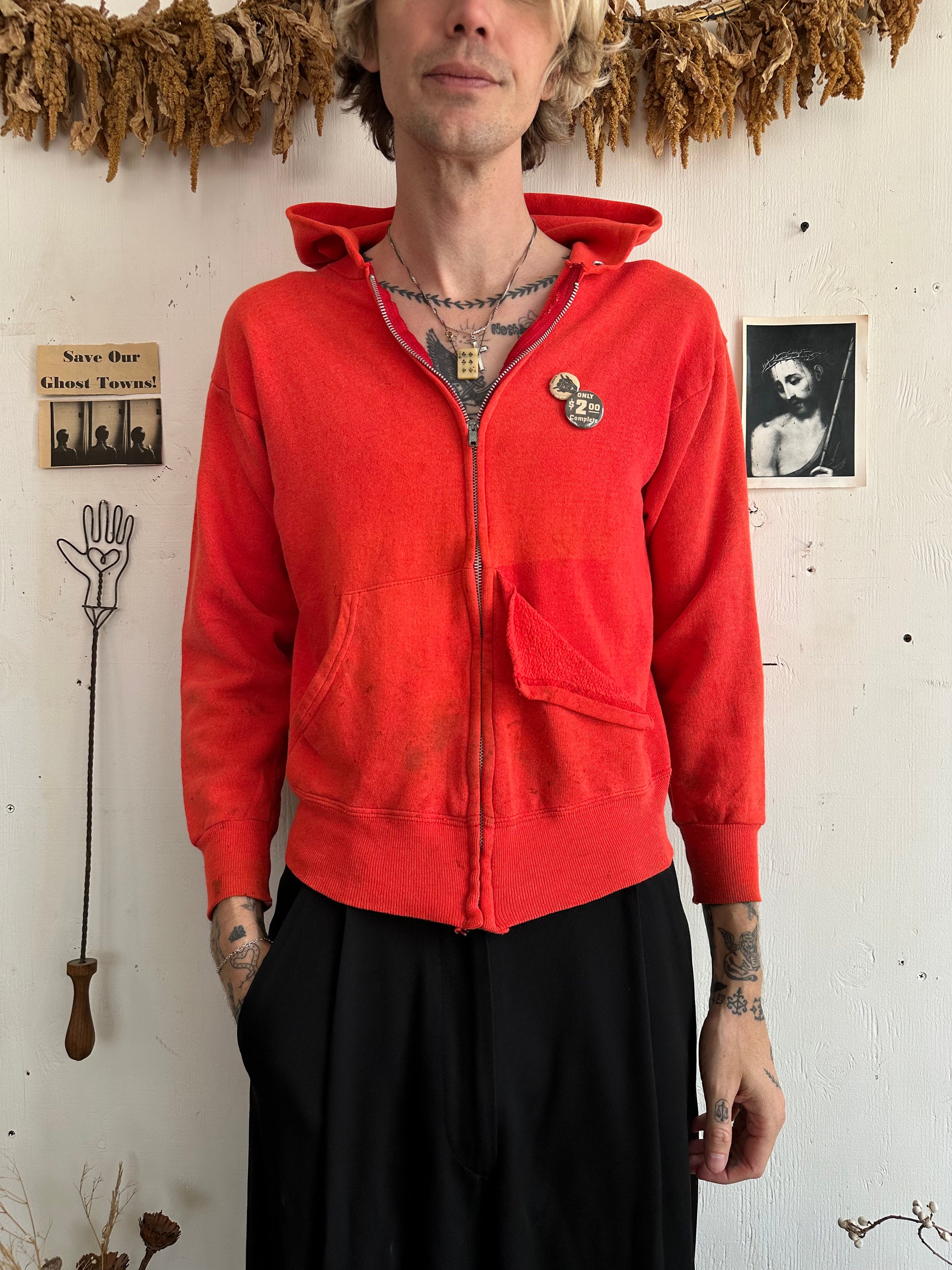 1980s Well Worn Red Zip-Up W/ Pins