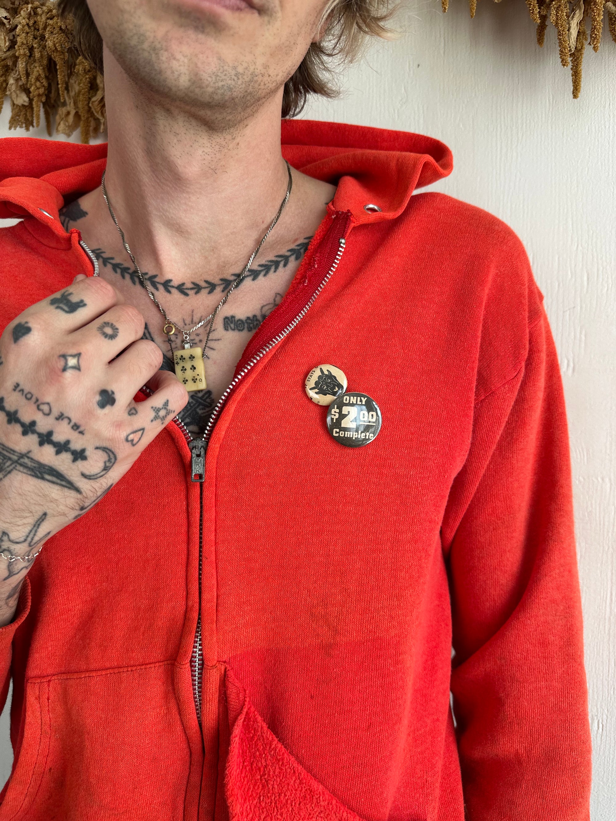 1980s Well Worn Red Zip-Up W/ Pins