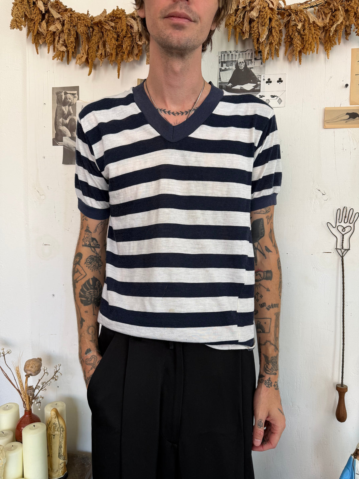 1970s Paper Thin Striped V-Neck