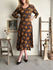 1980s Orange Floral Print Dress (S/M)