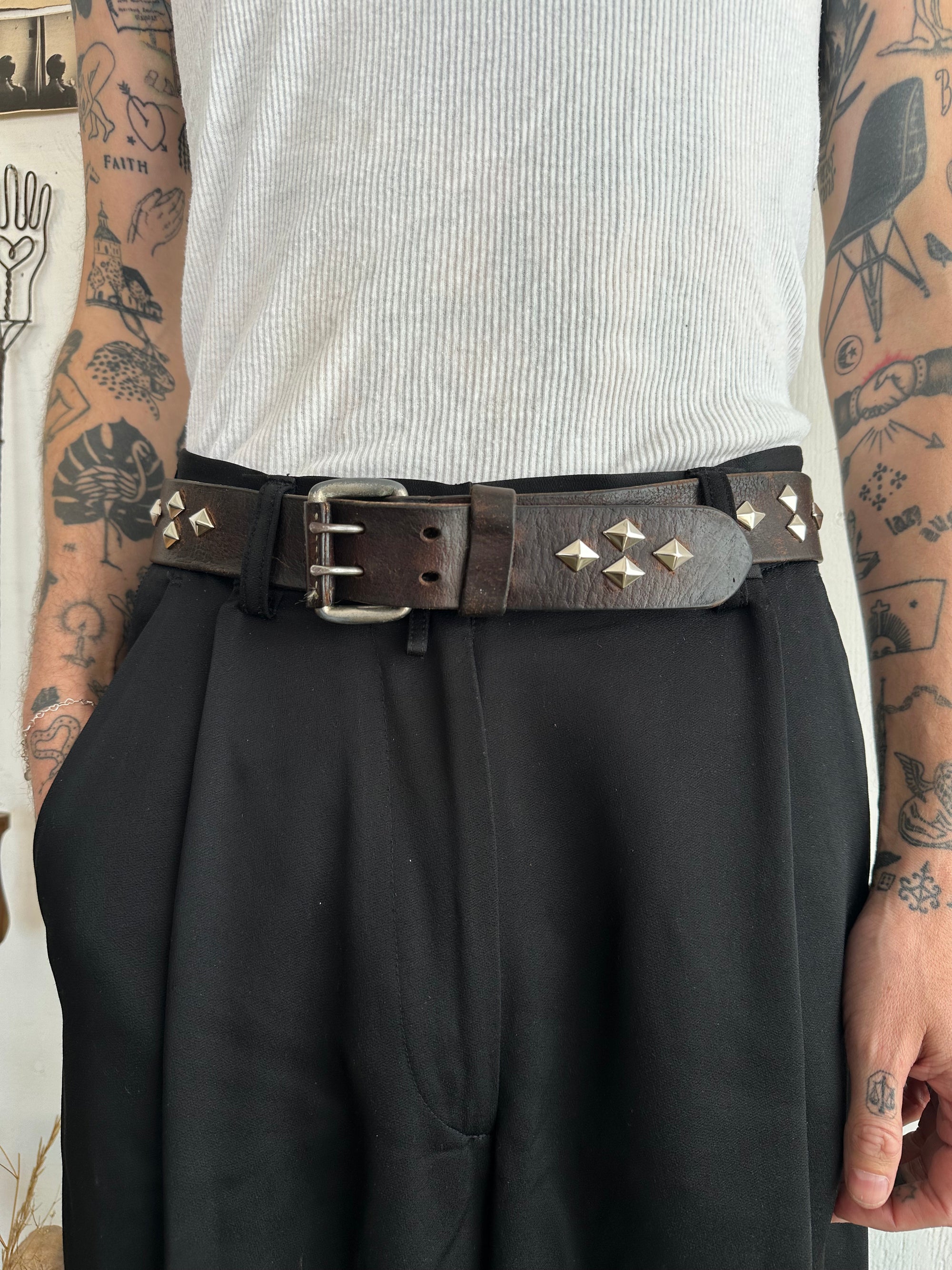 Diamond Studded Double Prong Brown Leather Belt
