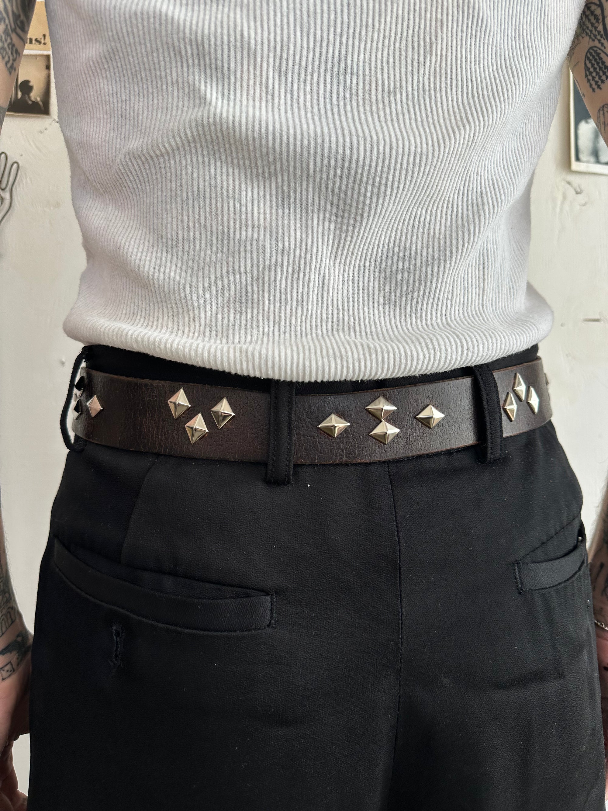 Diamond Studded Double Prong Brown Leather Belt