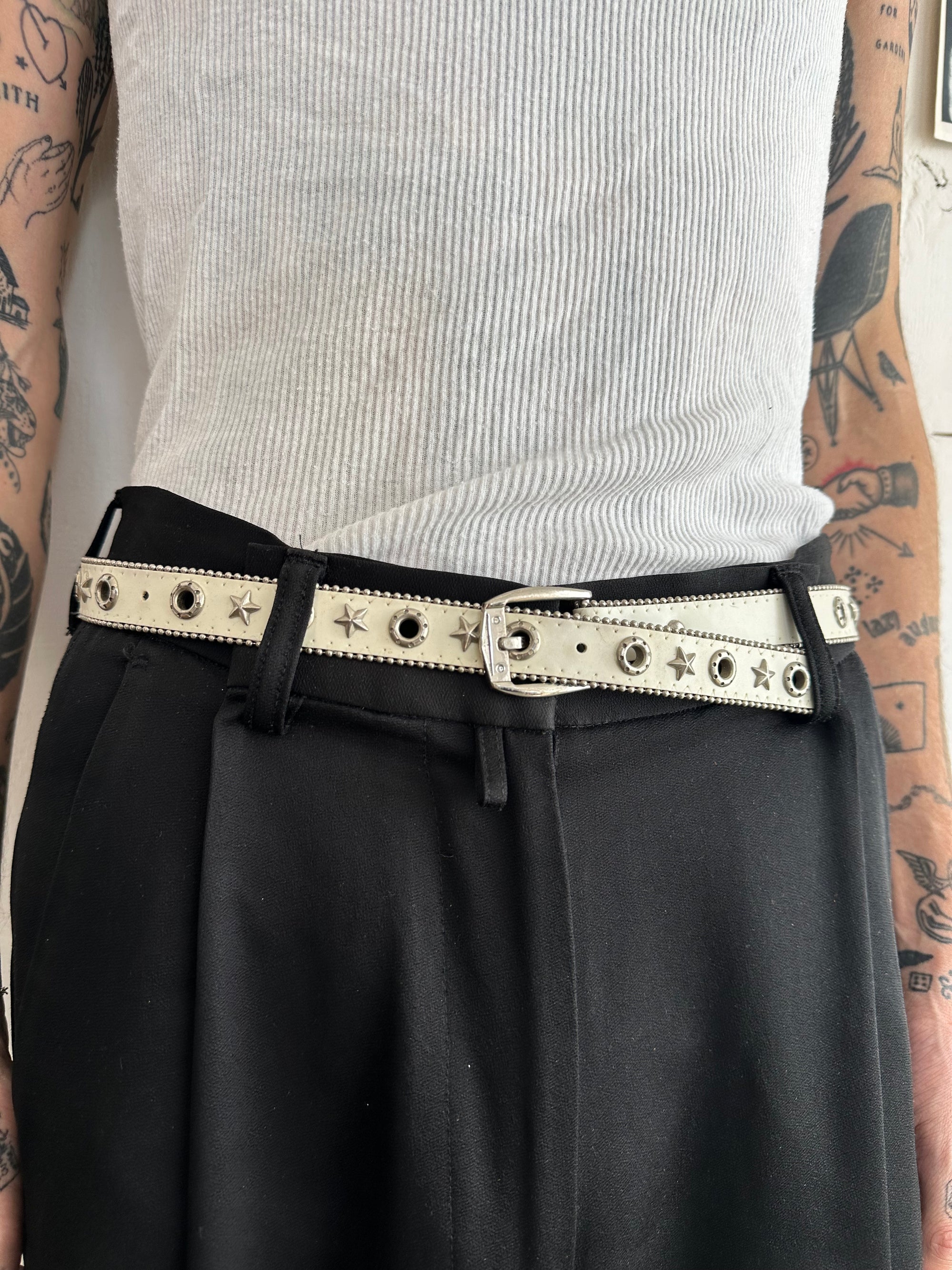 White Leather Belt W/ Star Studs