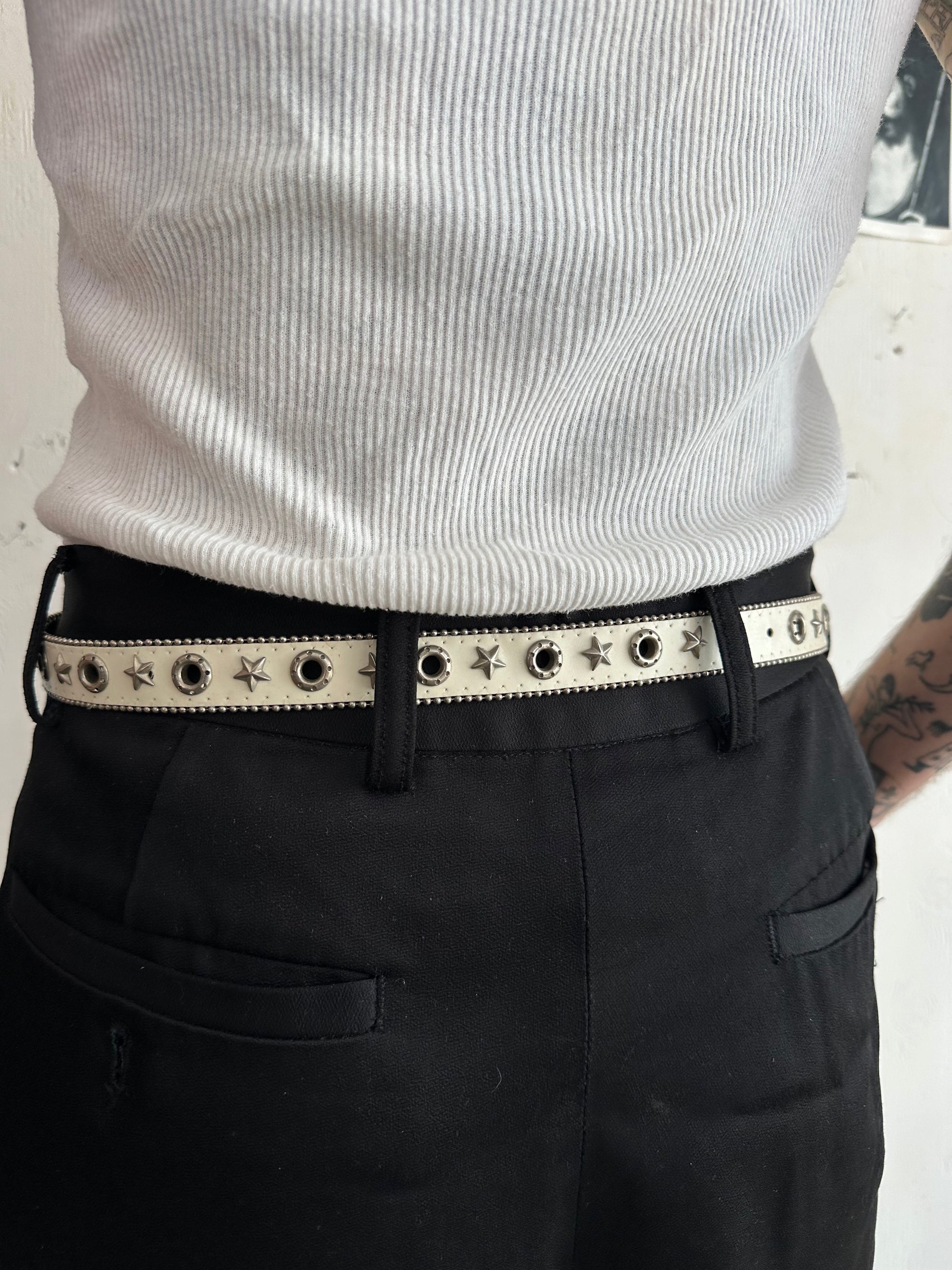 White Leather Belt W/ Star Studs