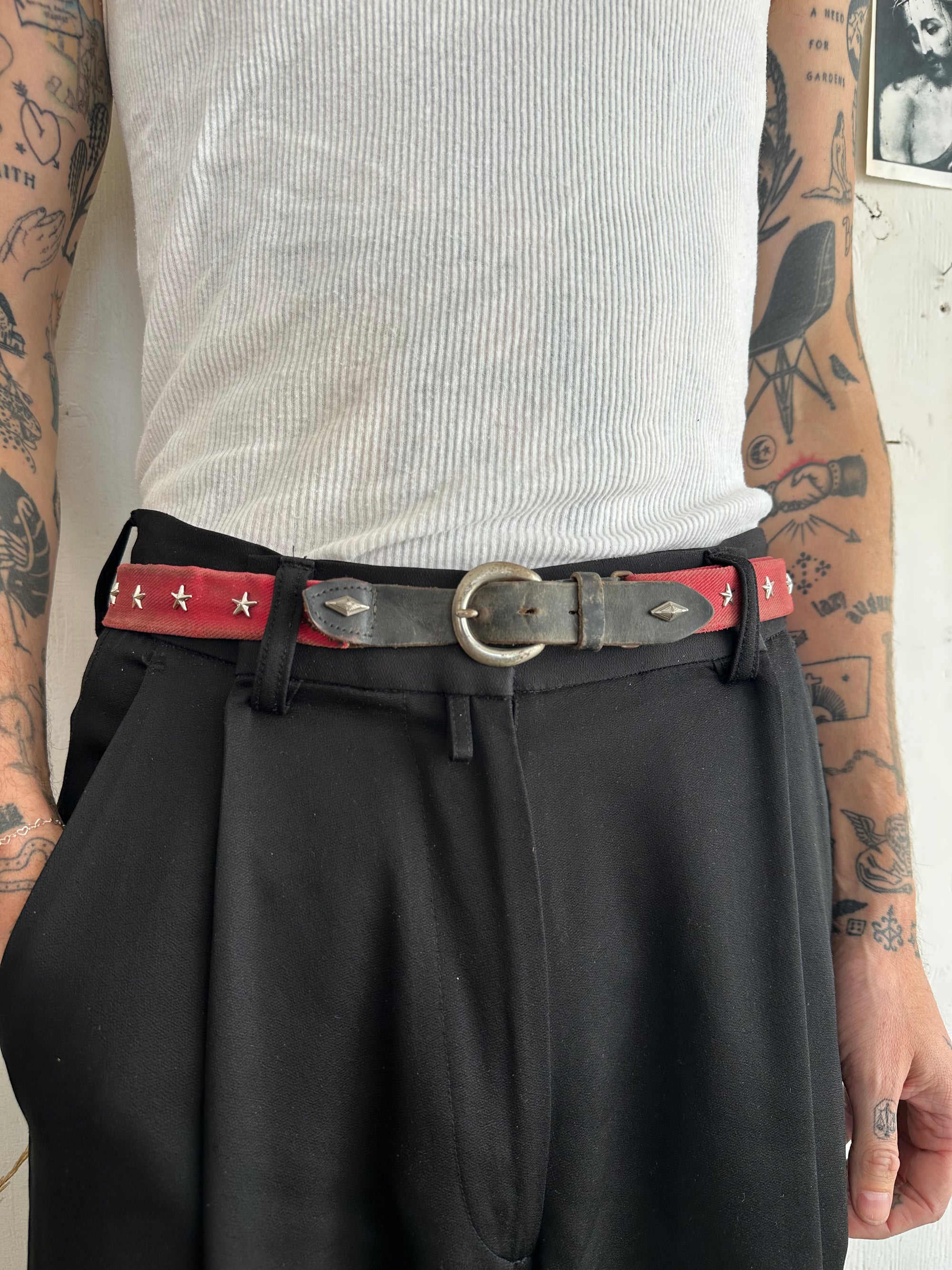 1930s Thrashed Red Cloth Belt W/ Star Studs