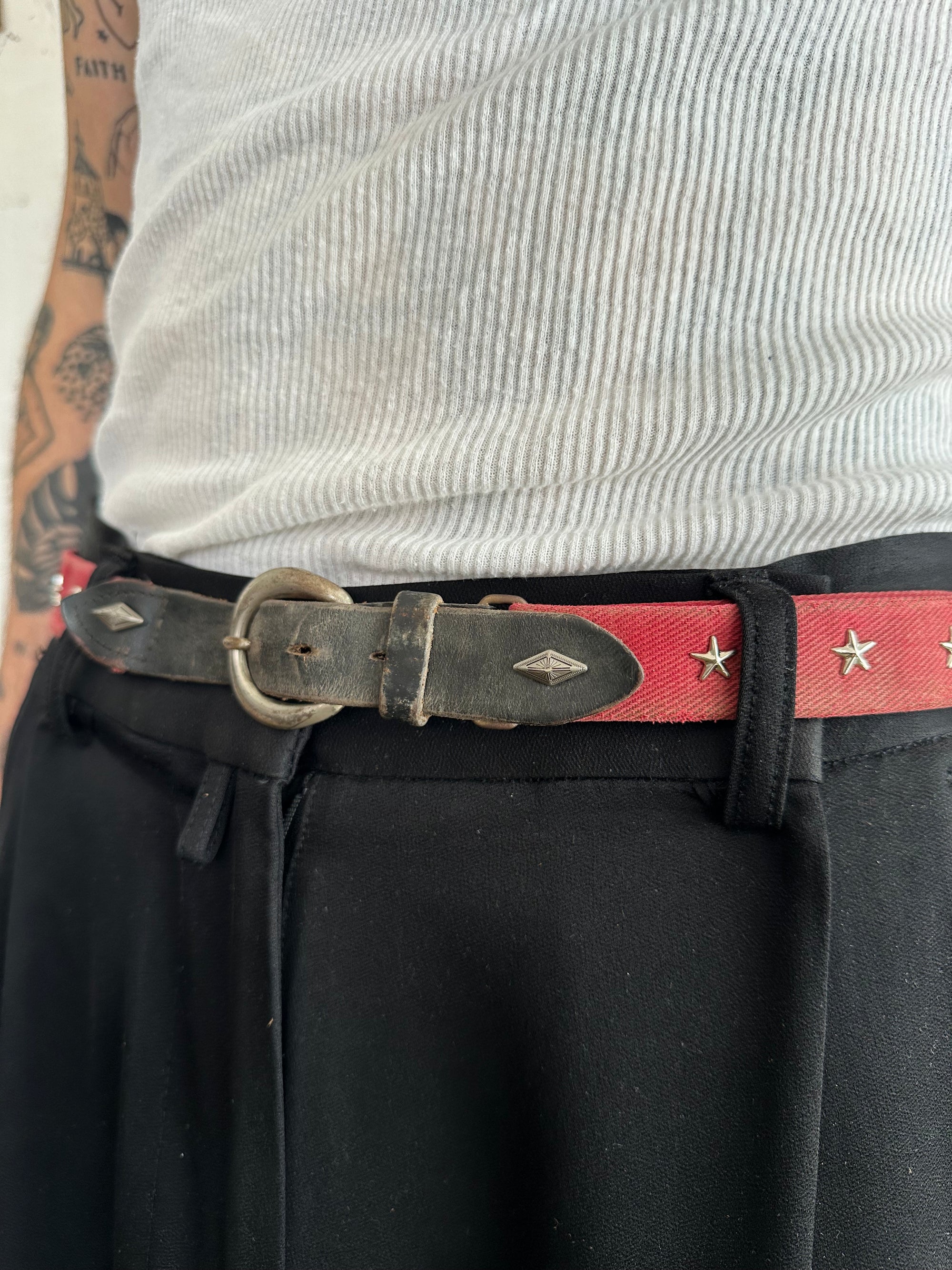1930s Thrashed Red Cloth Belt W/ Star Studs