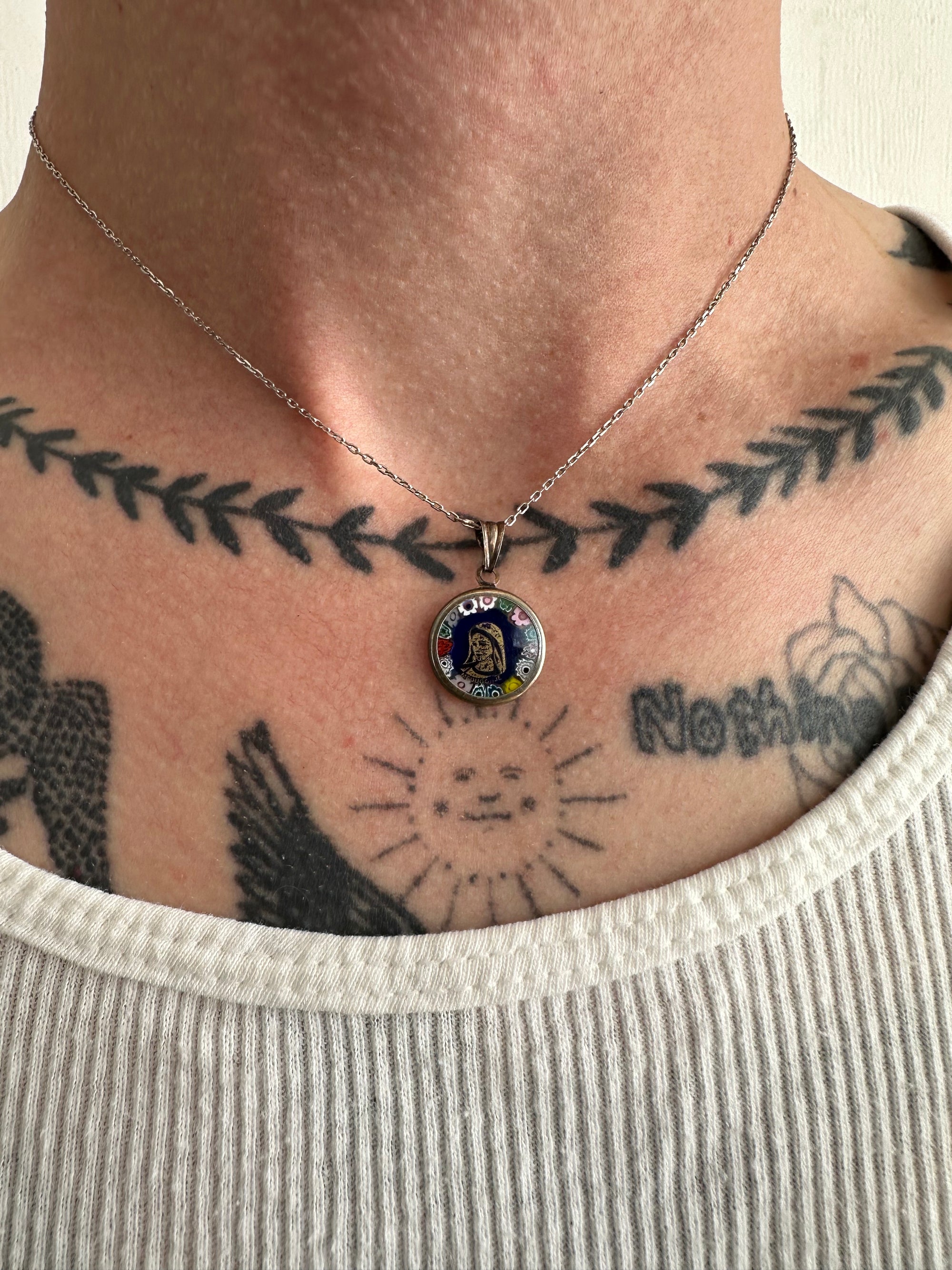 Vintage Virgin Mary Melted Glass Pendant Necklace