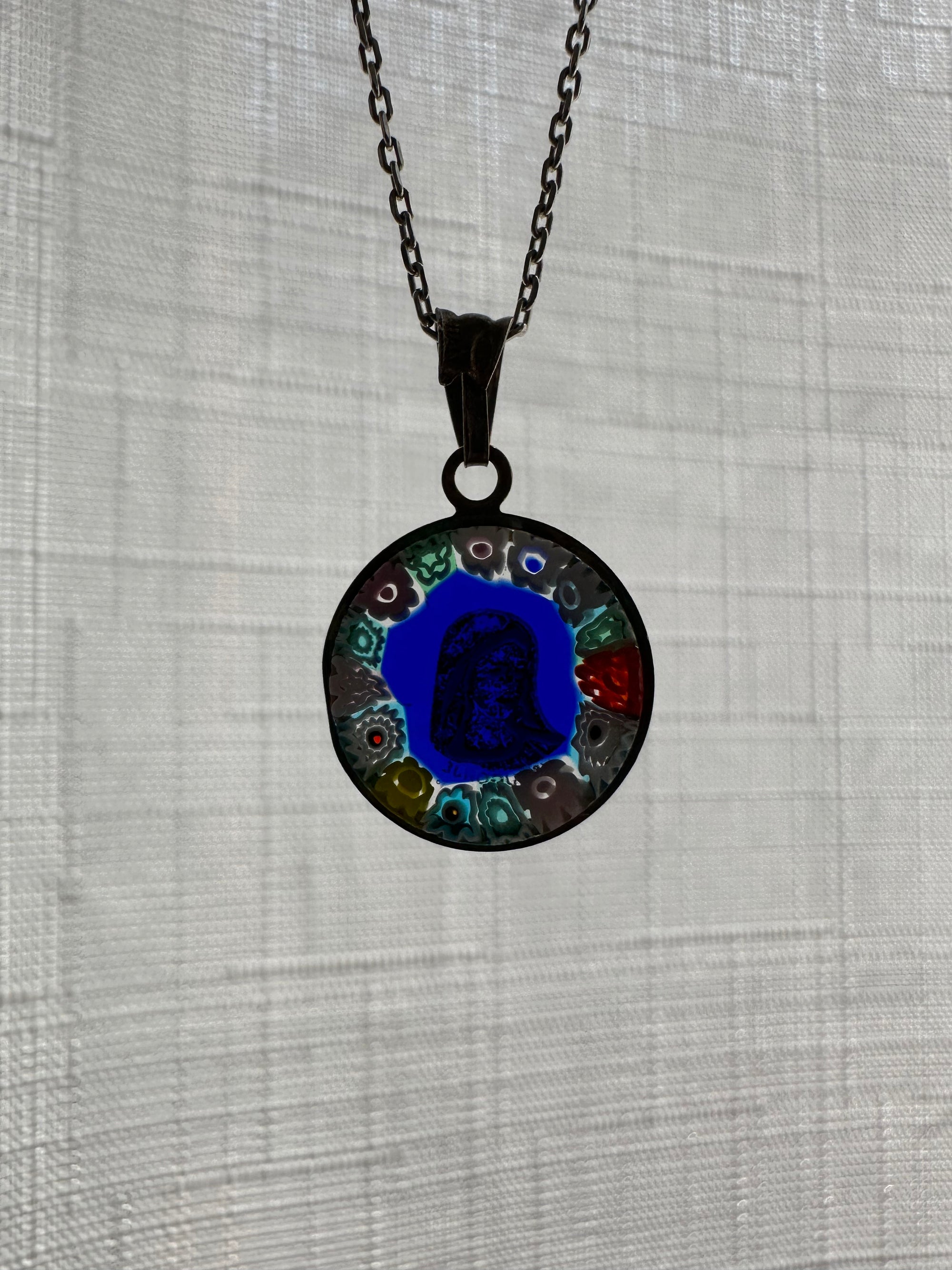 Vintage Virgin Mary Melted Glass Pendant Necklace