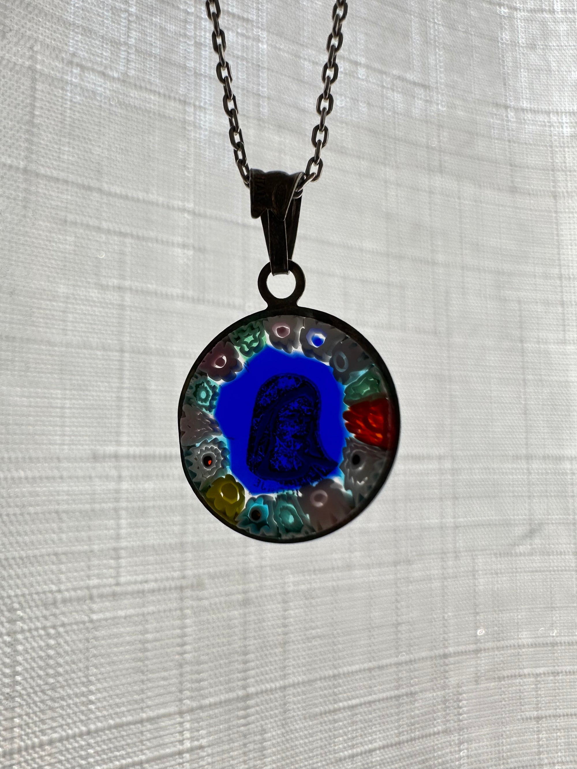 Vintage Virgin Mary Melted Glass Pendant Necklace