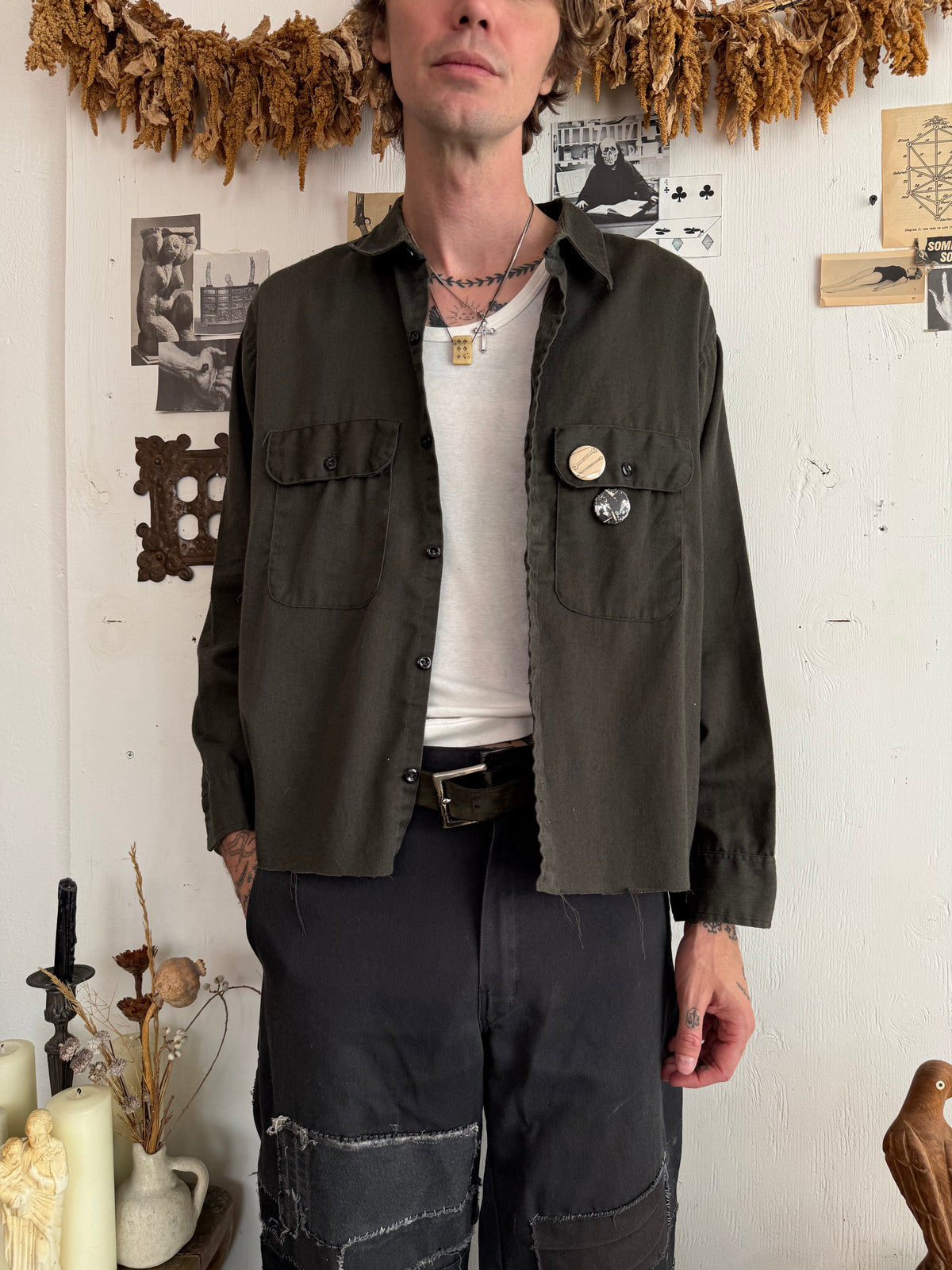 1960s Dark Charcoal Cotton Blend Work Shirt W/ Pins