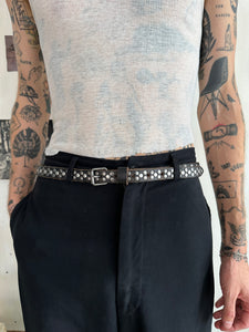 Skinny Black Leather Studded Belt (32" - 35")