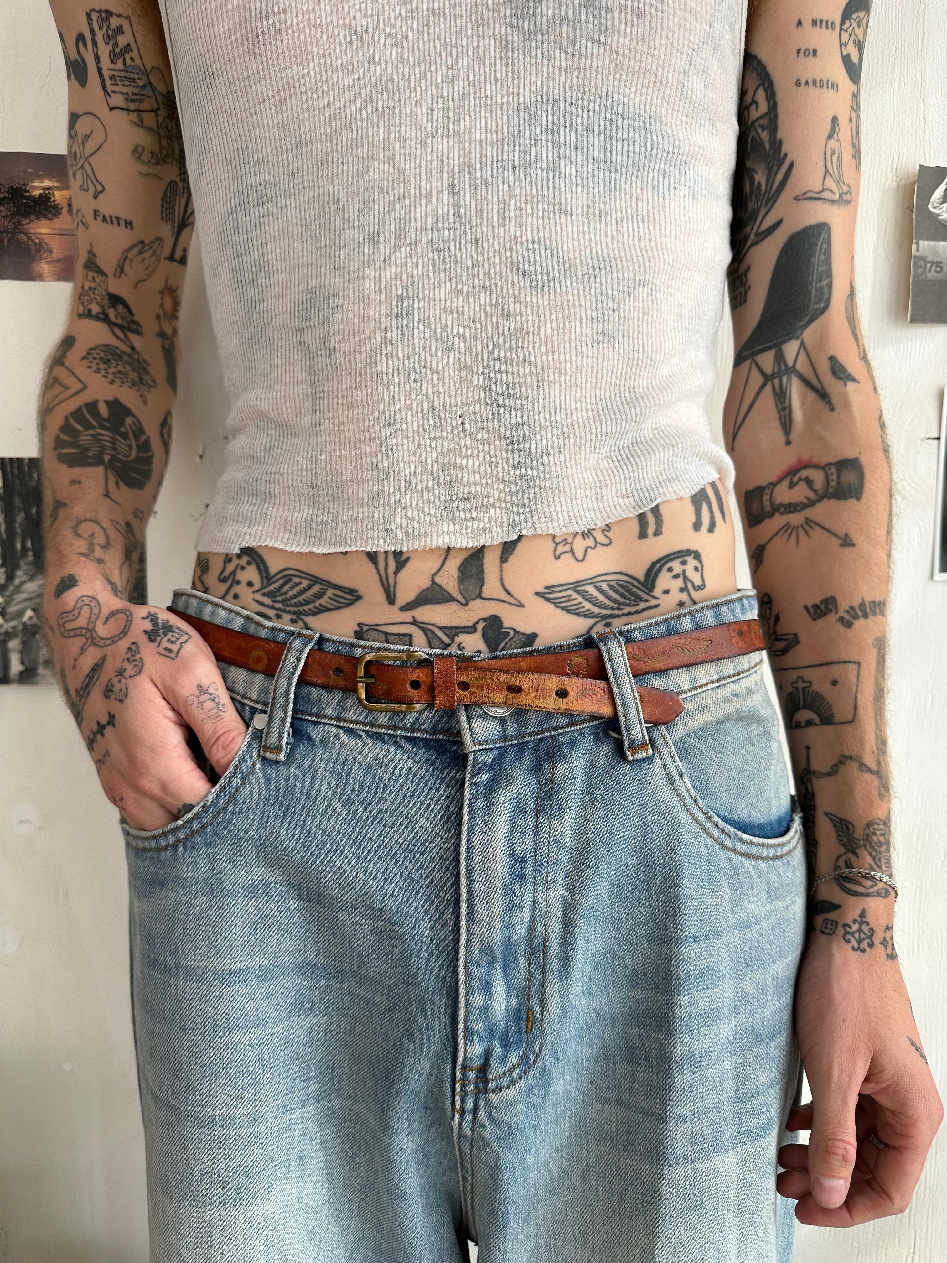 Thin Brown Leather Flower Stamped Belt (30")