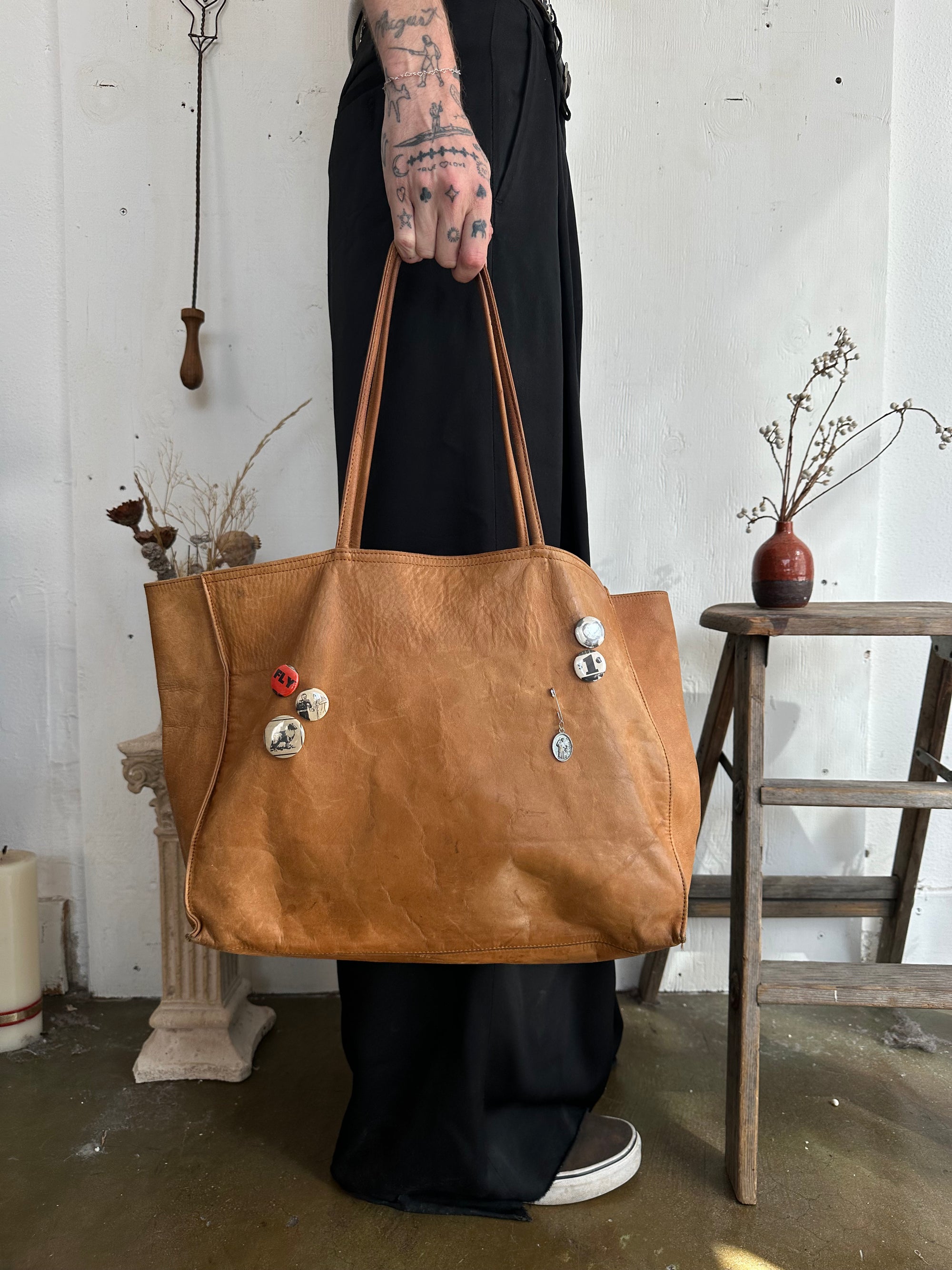 Vintage Brown Leather Bag W/ Pins