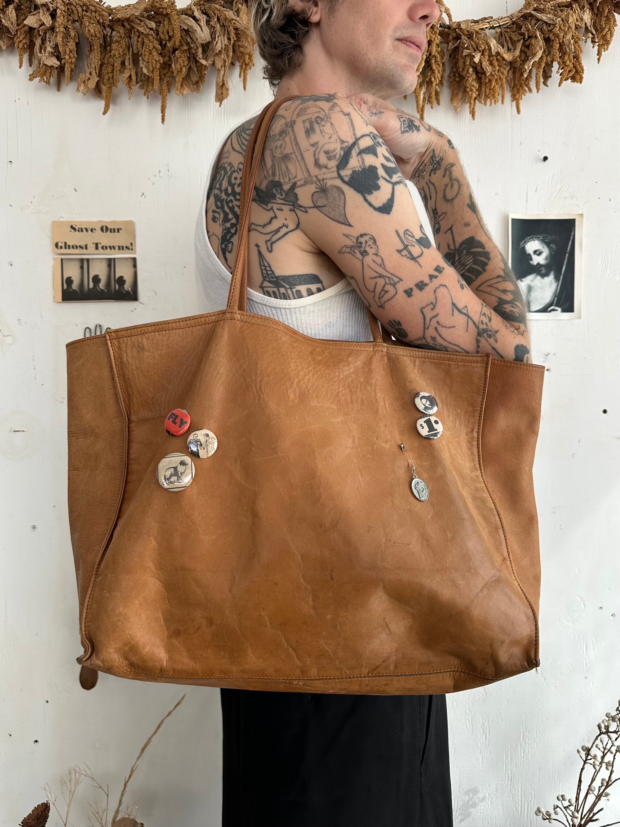 Vintage Brown Leather Bag W/ Pins