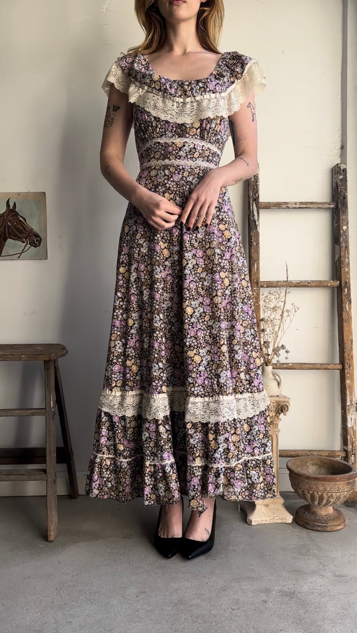 1970s Lace Floral Dress (S)