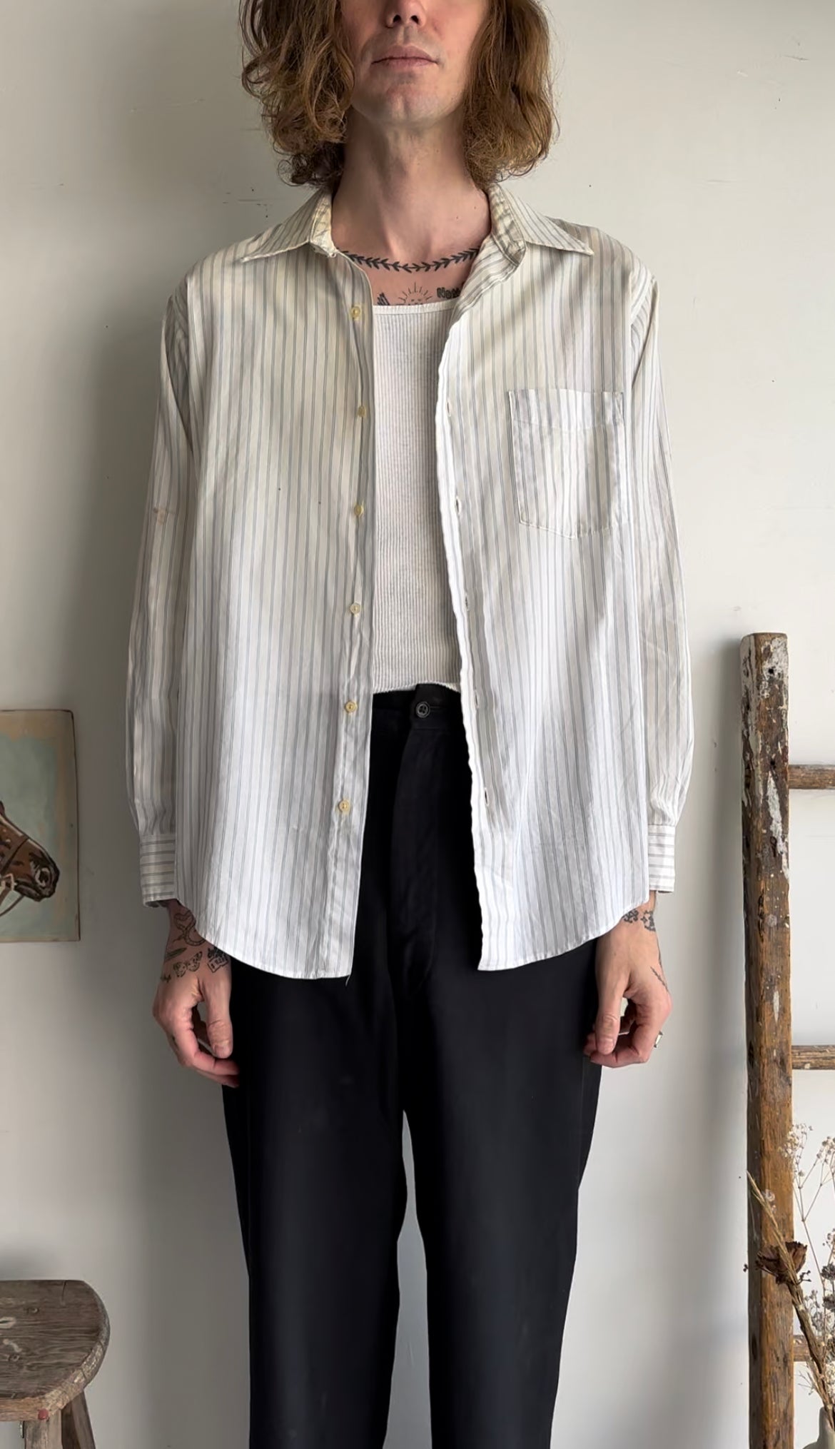 1960s Well-Worn Striped Dress Shirt (Boxy L)